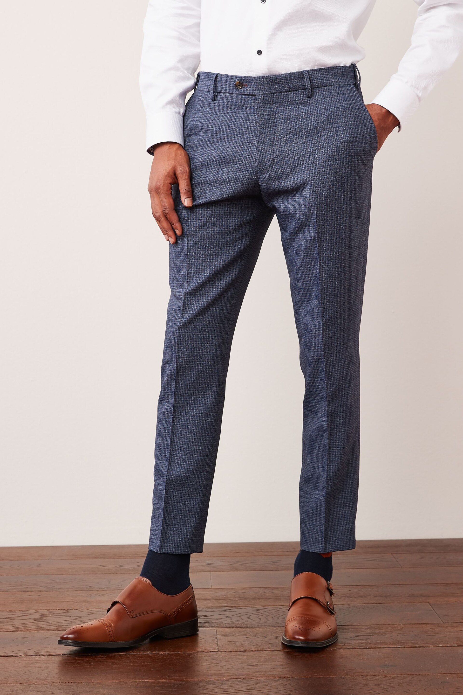 Light Blue Slim Slim fit Puppytooth Fabric Suit: Trousers - Image 4 of 9