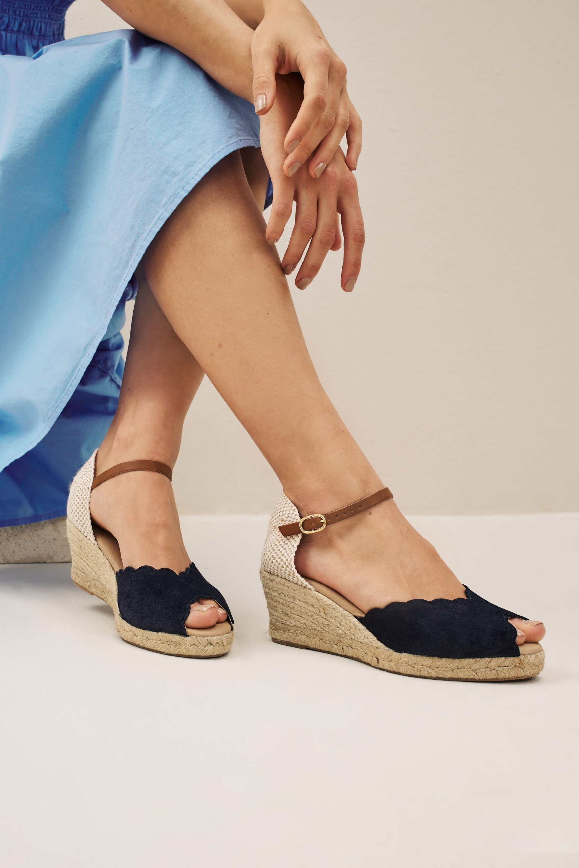 Navy Blue Scallop Peep Toe Wedges - Image 1 of 6