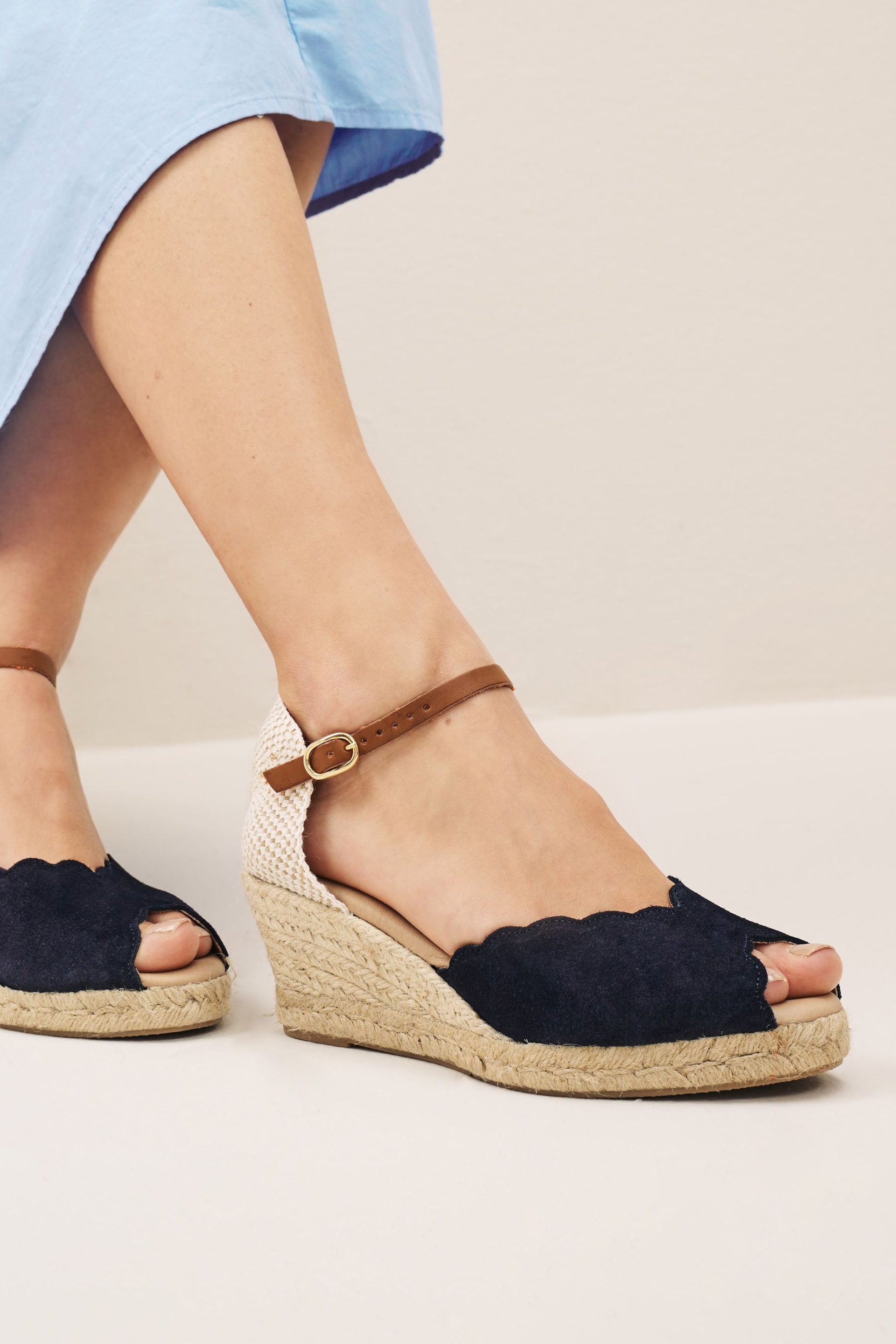 Navy Blue Scallop Peep Toe Wedges - Image 2 of 6