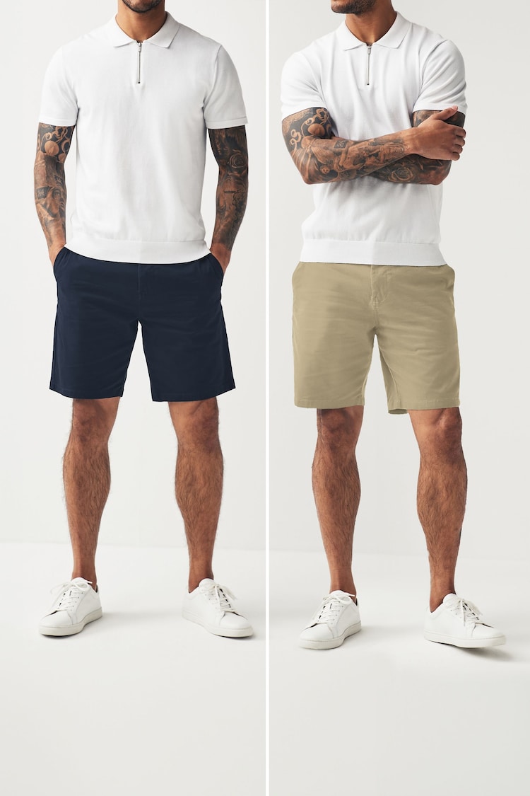 Navy/Stone Straight Fit Stretch Chinos Shorts 2 Pack - Image 2 of 12