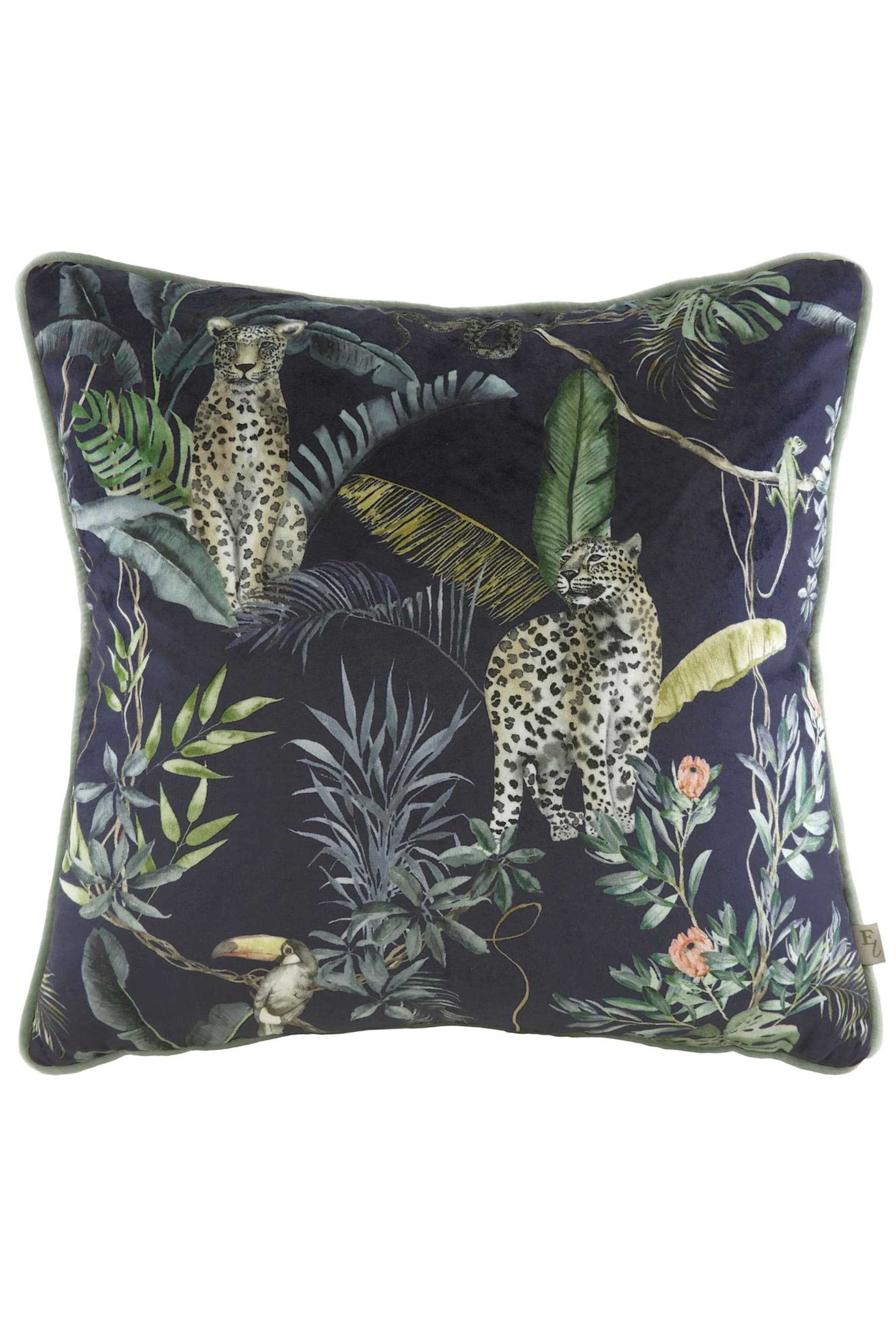 Evans Lichfield Petrol Blue Jungle Leopard Velvet Polyester Filled Cushion - Image 1 of 5