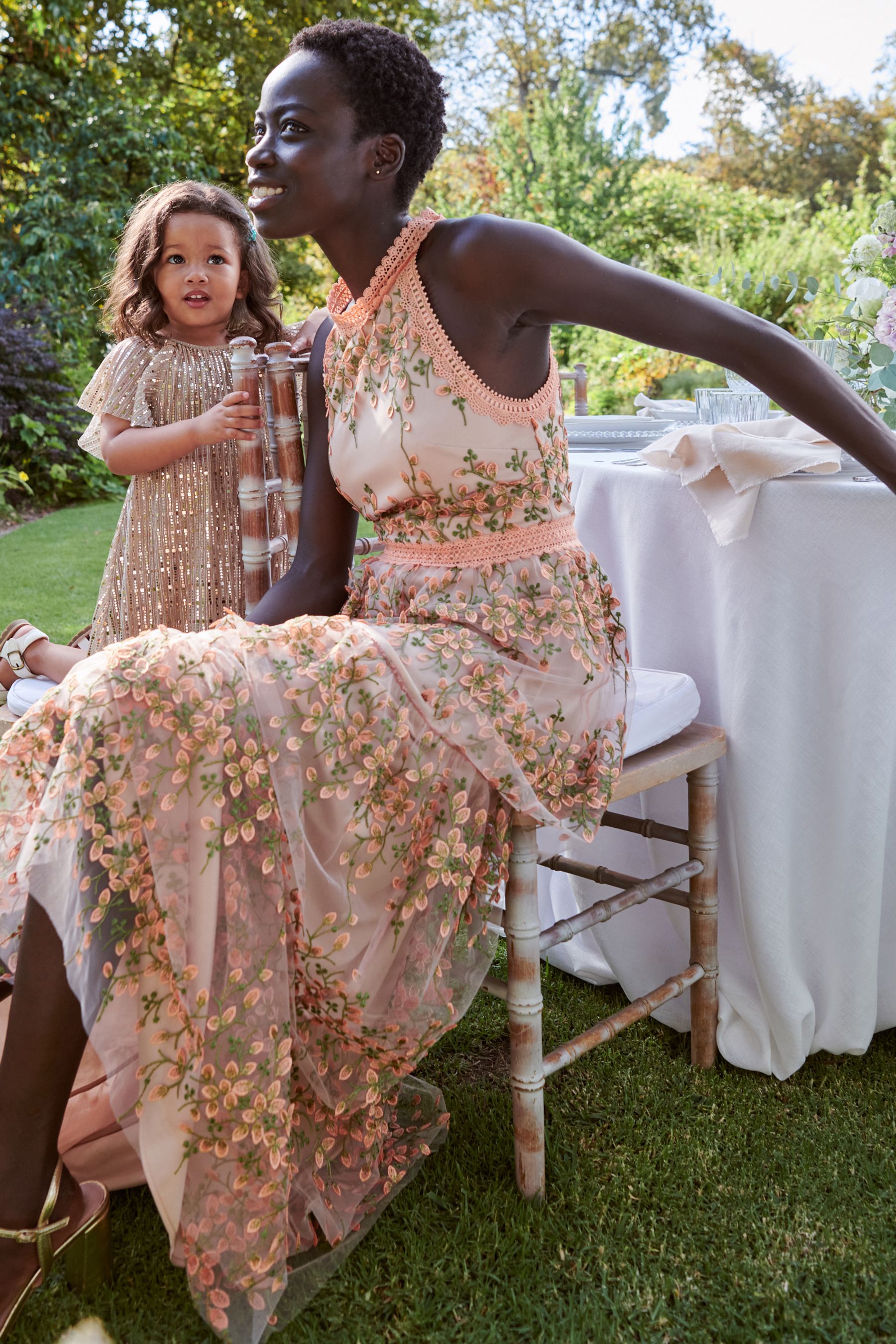 Buy Blush Pink Halter Neck Tiered Premium Lace Floral Midi Dress from Next Luxembourg