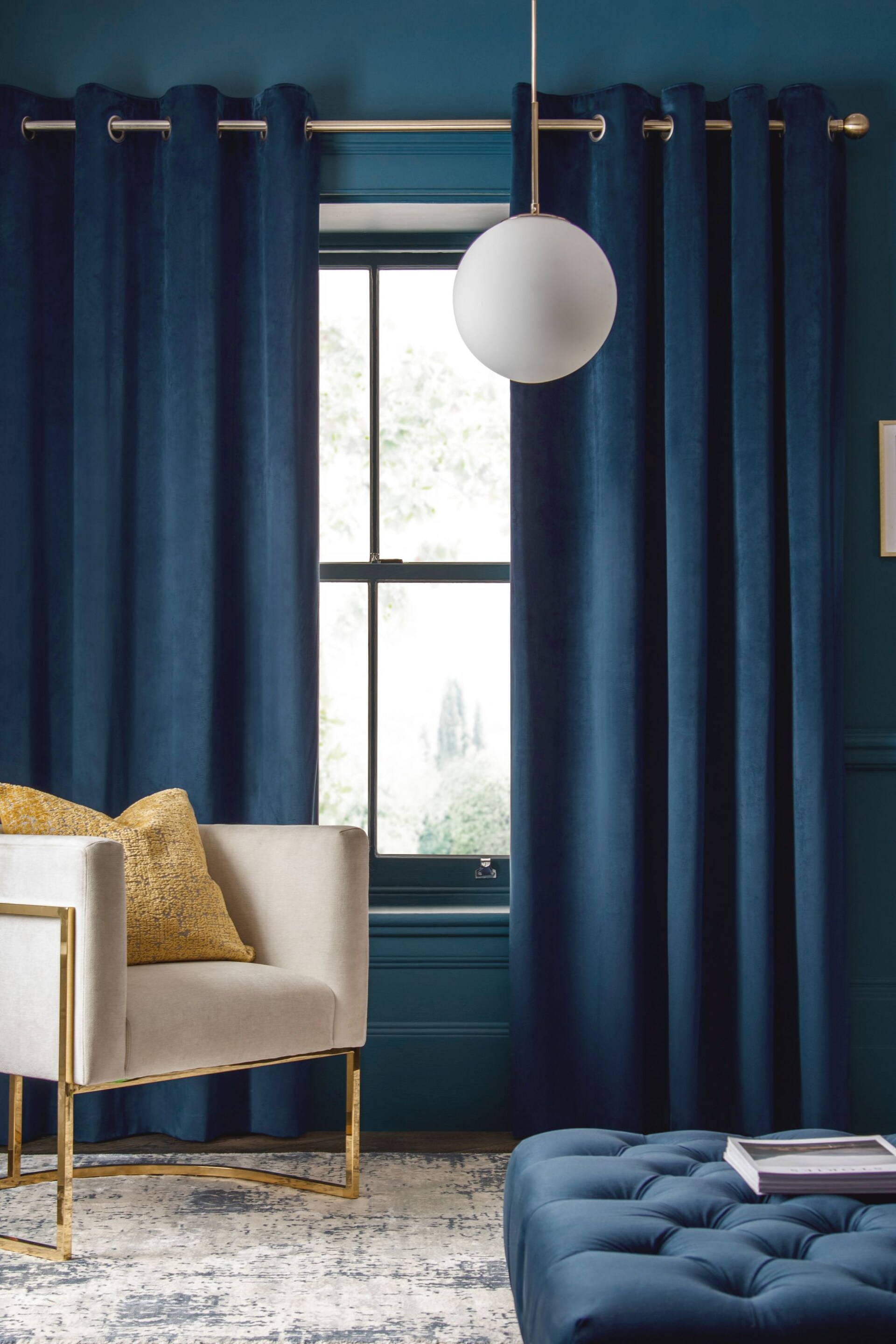 Navy Blue Matte Velvet Blackout/Thermal Eyelet Curtains - Image 1 of 9