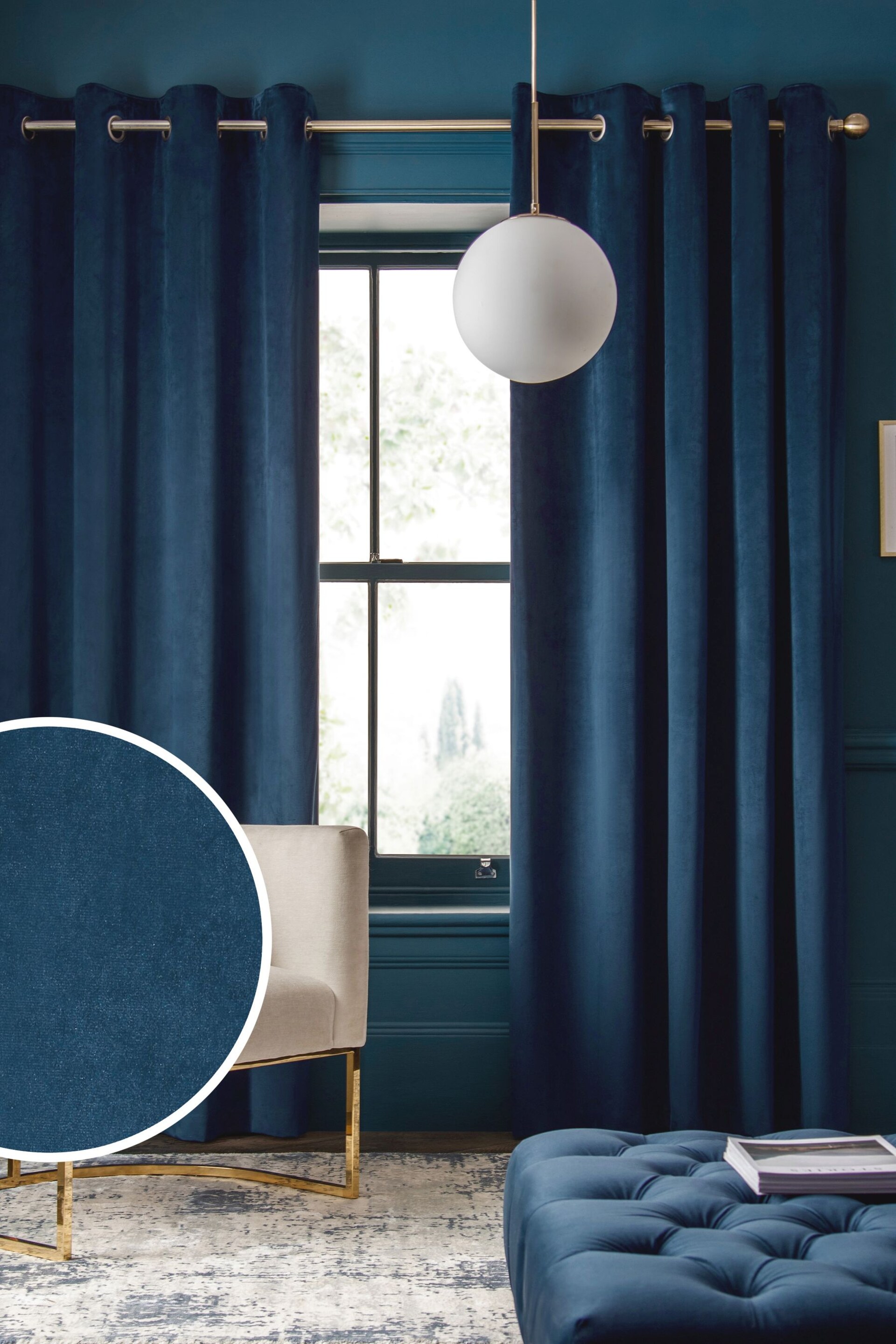 Navy Blue Matte Velvet Blackout/Thermal Eyelet Curtains - Image 3 of 9