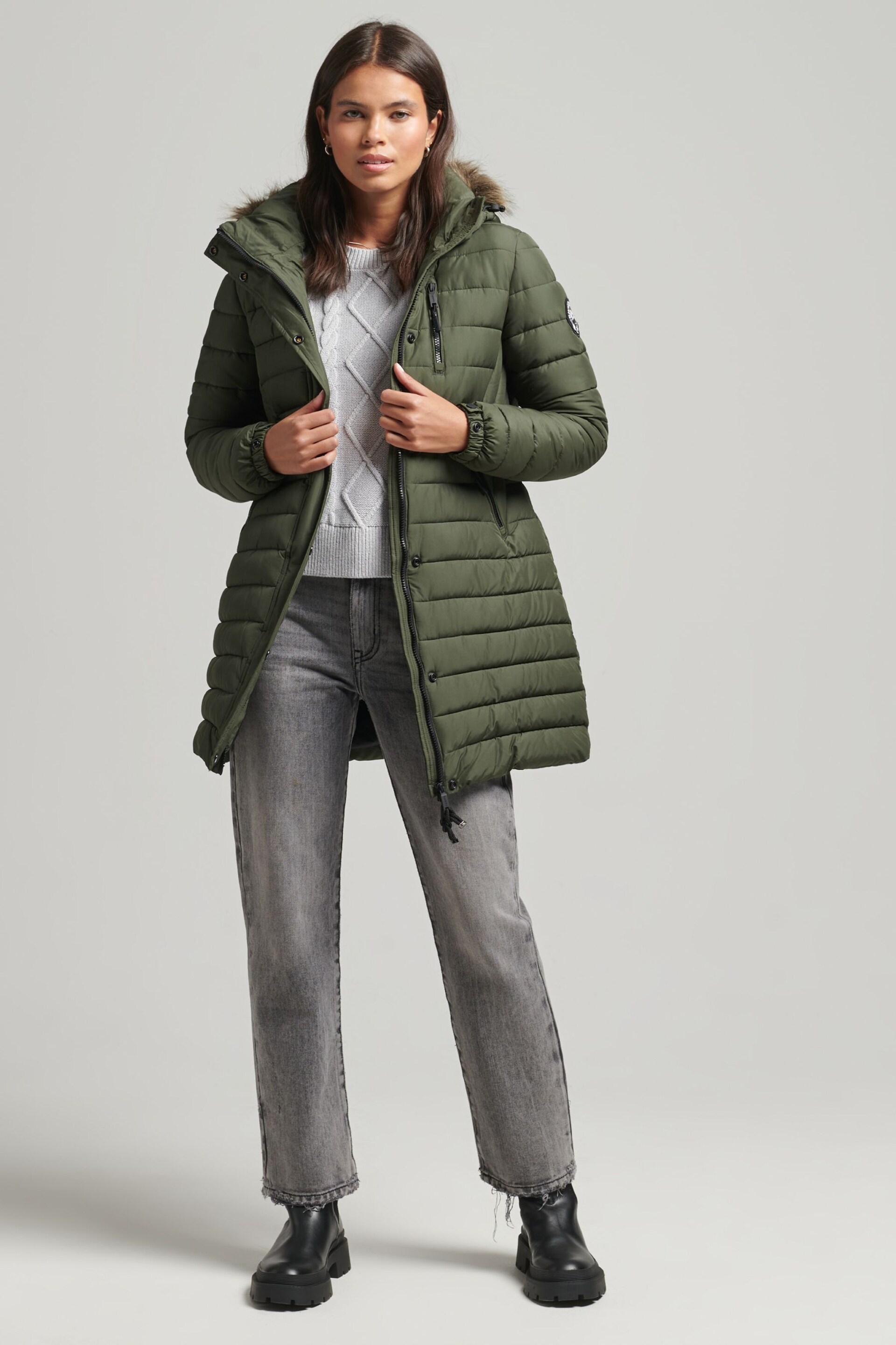 Superdry Green Faux Fur Hooded Mid Length Puffer Jacket - Image 4 of 7