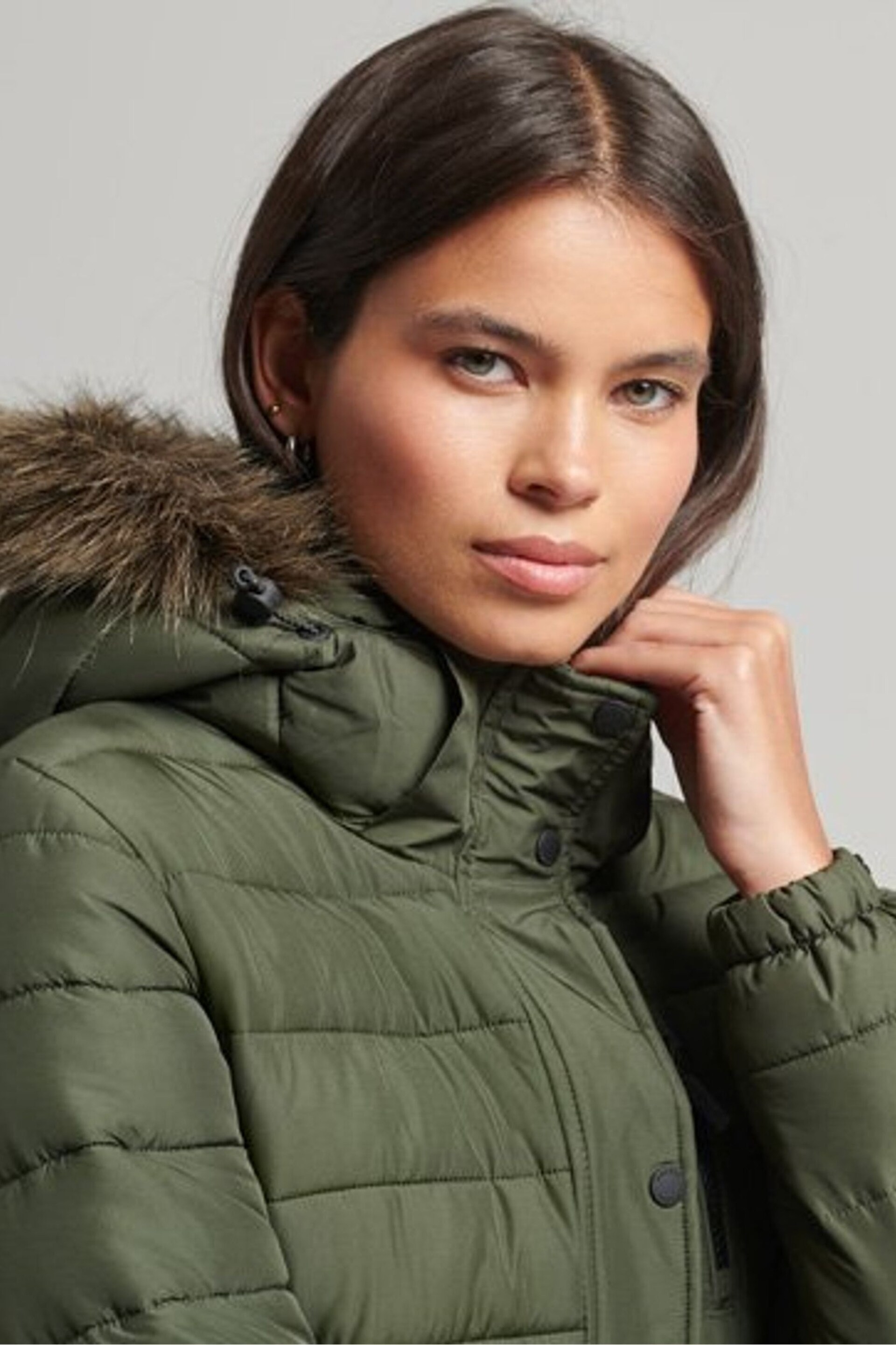 Superdry Green Faux Fur Hooded Mid Length Puffer Jacket - Image 5 of 7