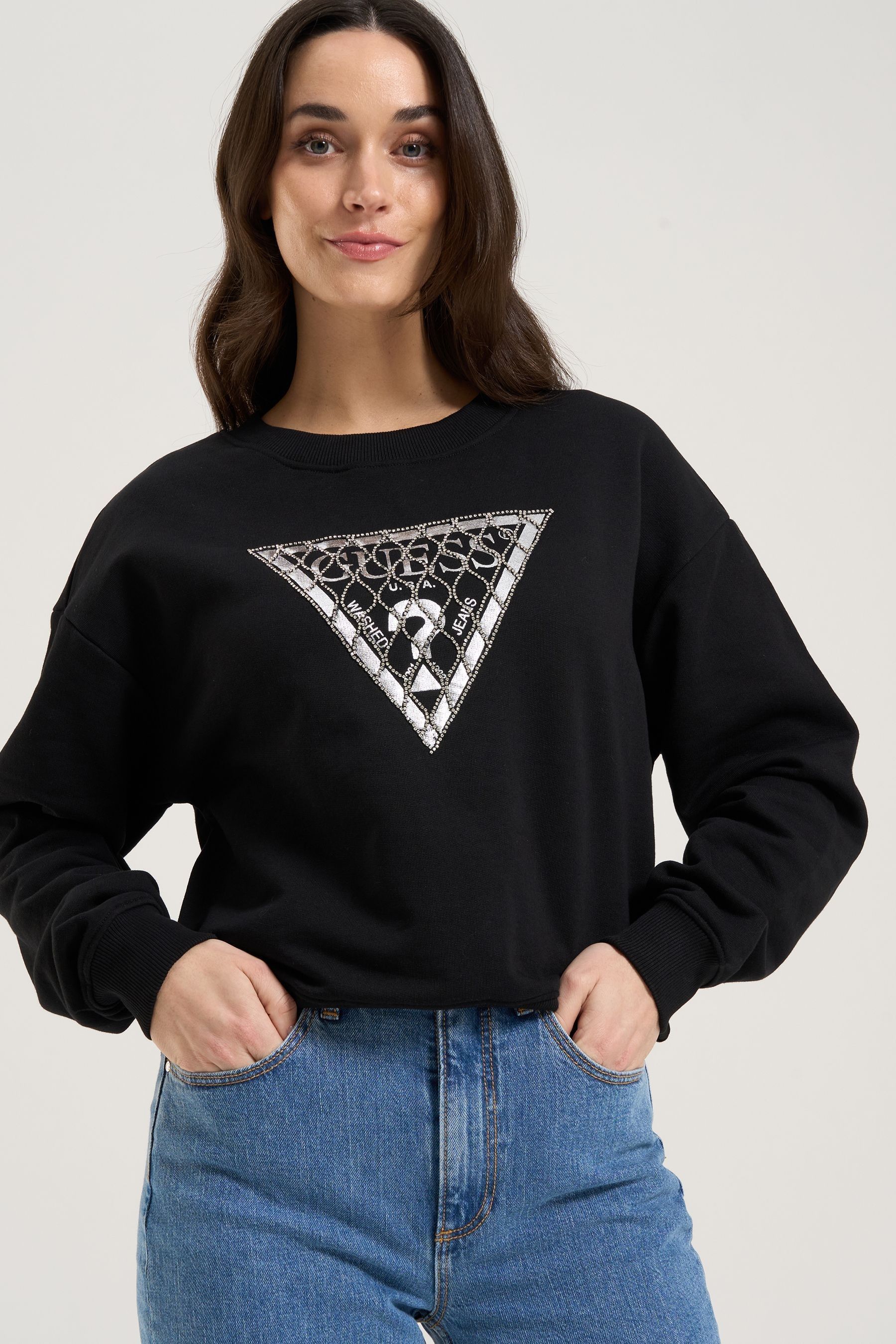 Buy Guess Black Long Sleeve Crystal Mesh Logo Sweatshirt from Next Luxembourg