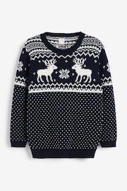 أزرق داكن - The Little Tailor Kids Christmas 100% Cotton Reindeer Fairisle Jumper - Image 5 of 7