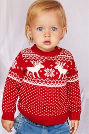 أحمر - The Little Tailor Baby Christmas 100% Cotton Reindeer Fairisle Pattern Jumper - Image 2 of 5