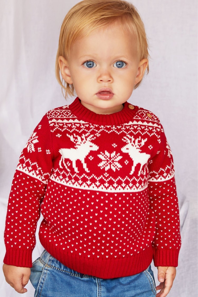 أحمر - The Little Tailor Baby Christmas 100% Cotton Reindeer Fairisle Pattern Jumper - Image 2 of 5