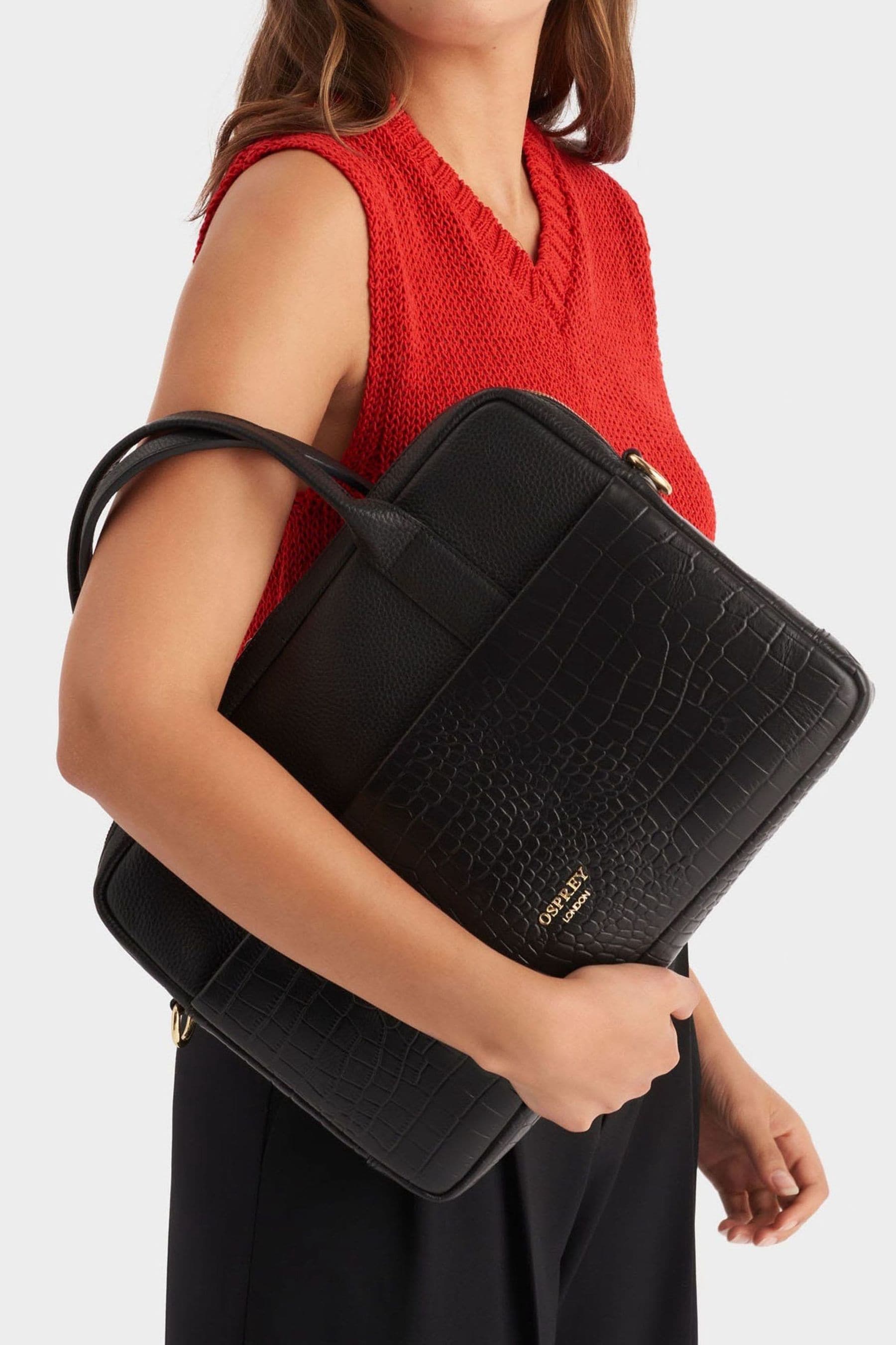 OSPREY LONDON Navy Kellie Croc Grain Leather Laptop Bag