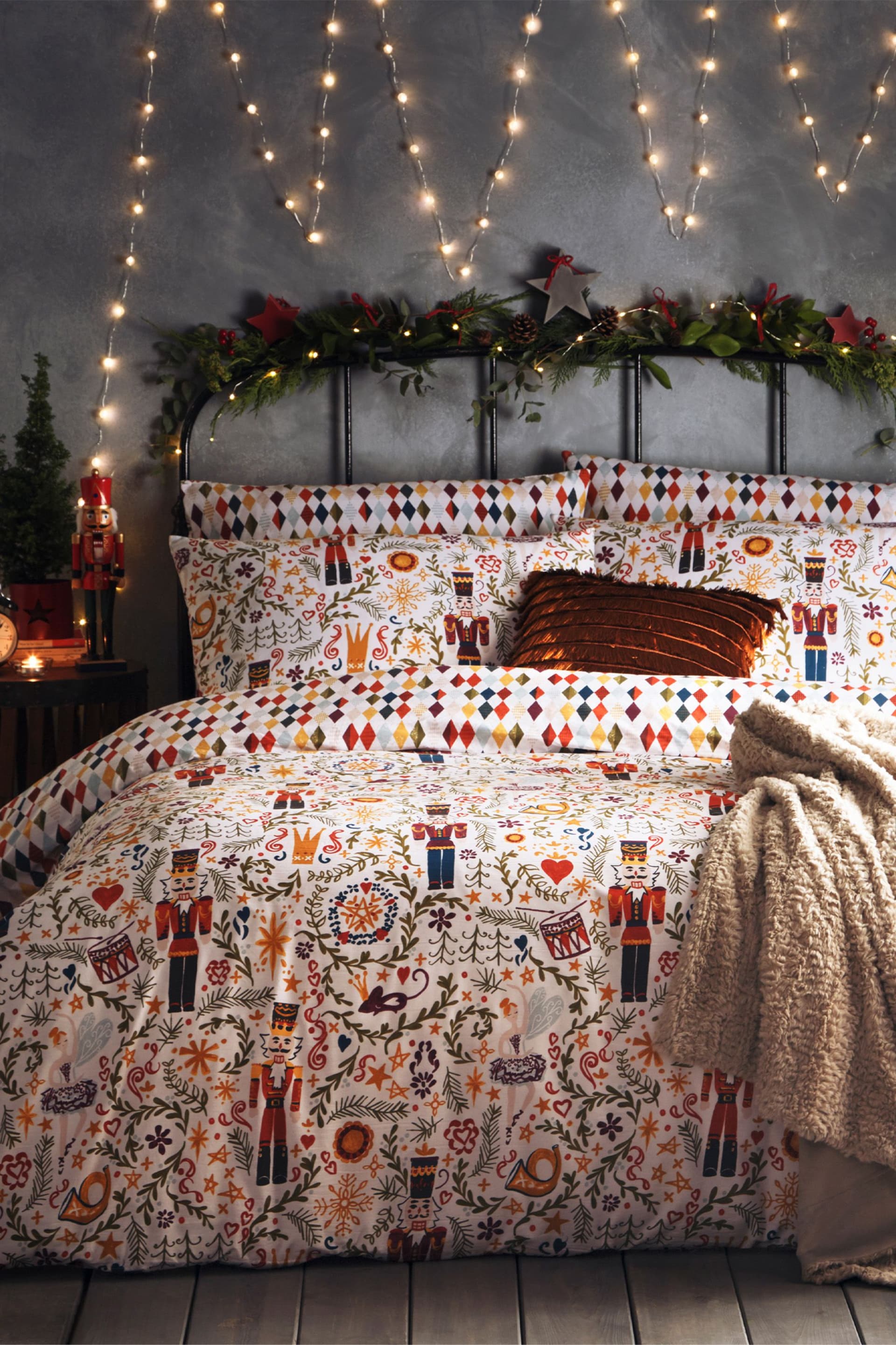 furn. Multicolour Nutcracker Christmas Reversible Duvet Cover and Pillowcase Set - Image 1 of 3
