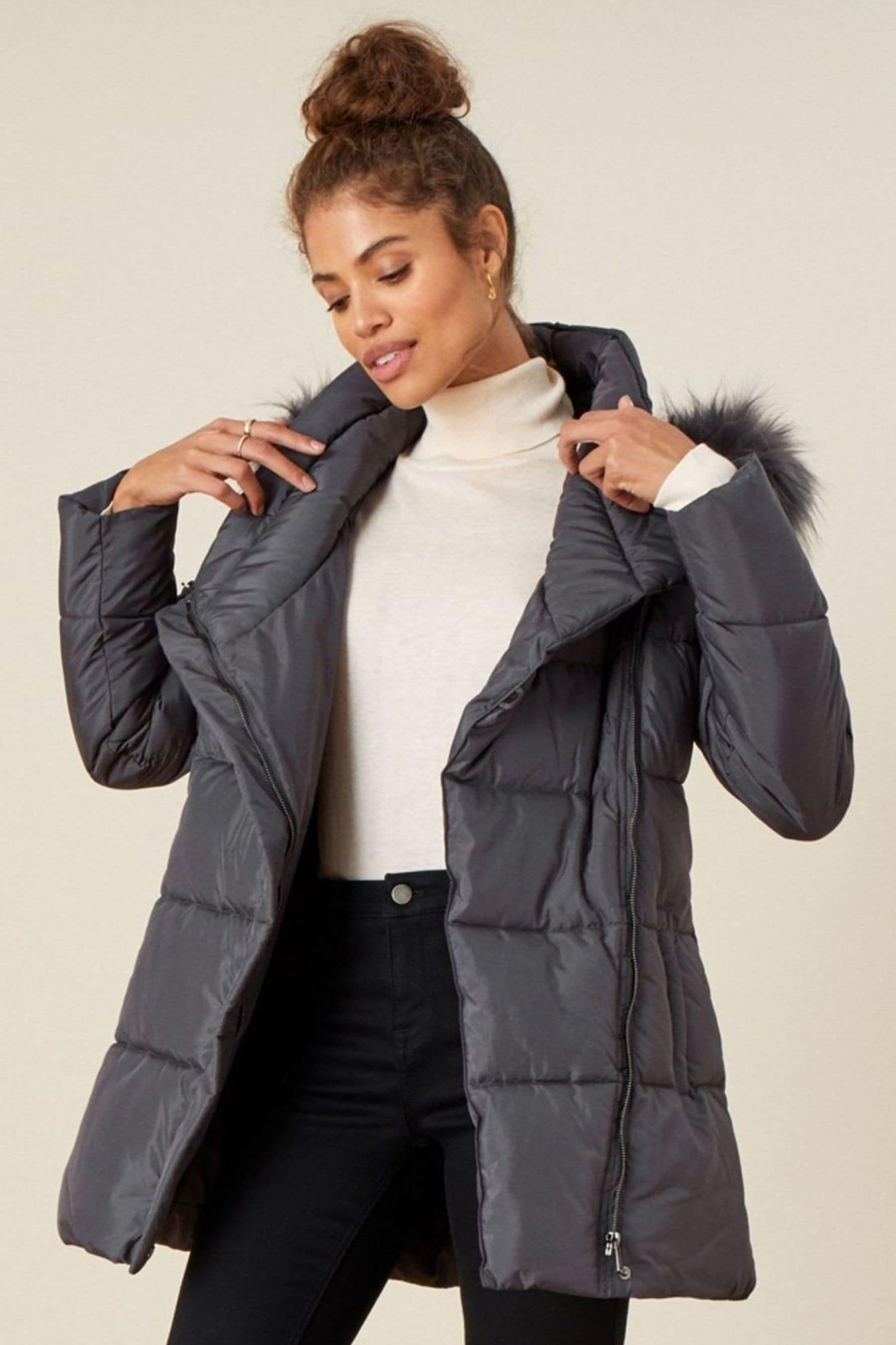 Grey faux fur hooded coat online