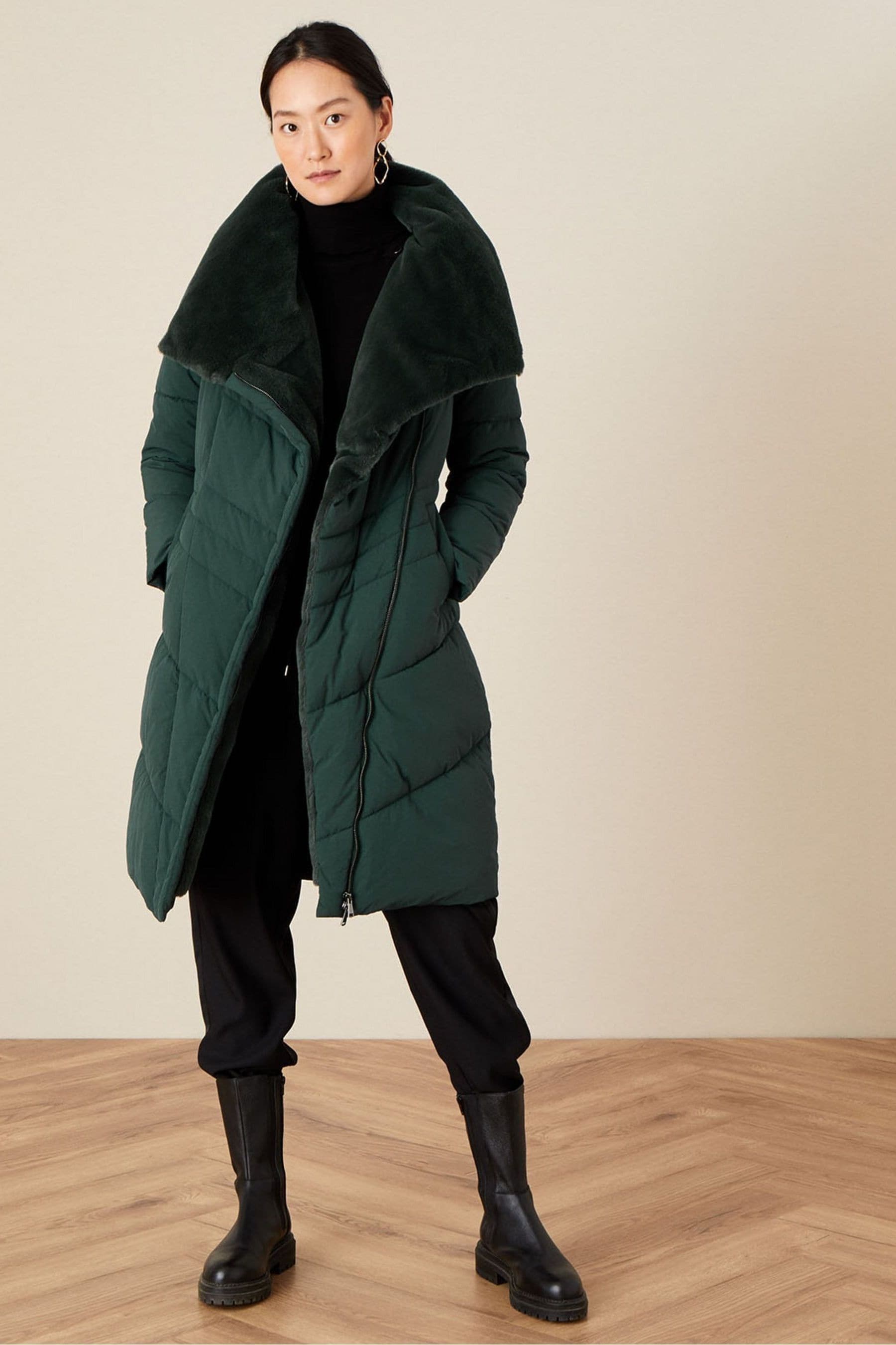 Buy Monsoon Beverley Green Faux Fur Collar Coat from Next Luxembourg