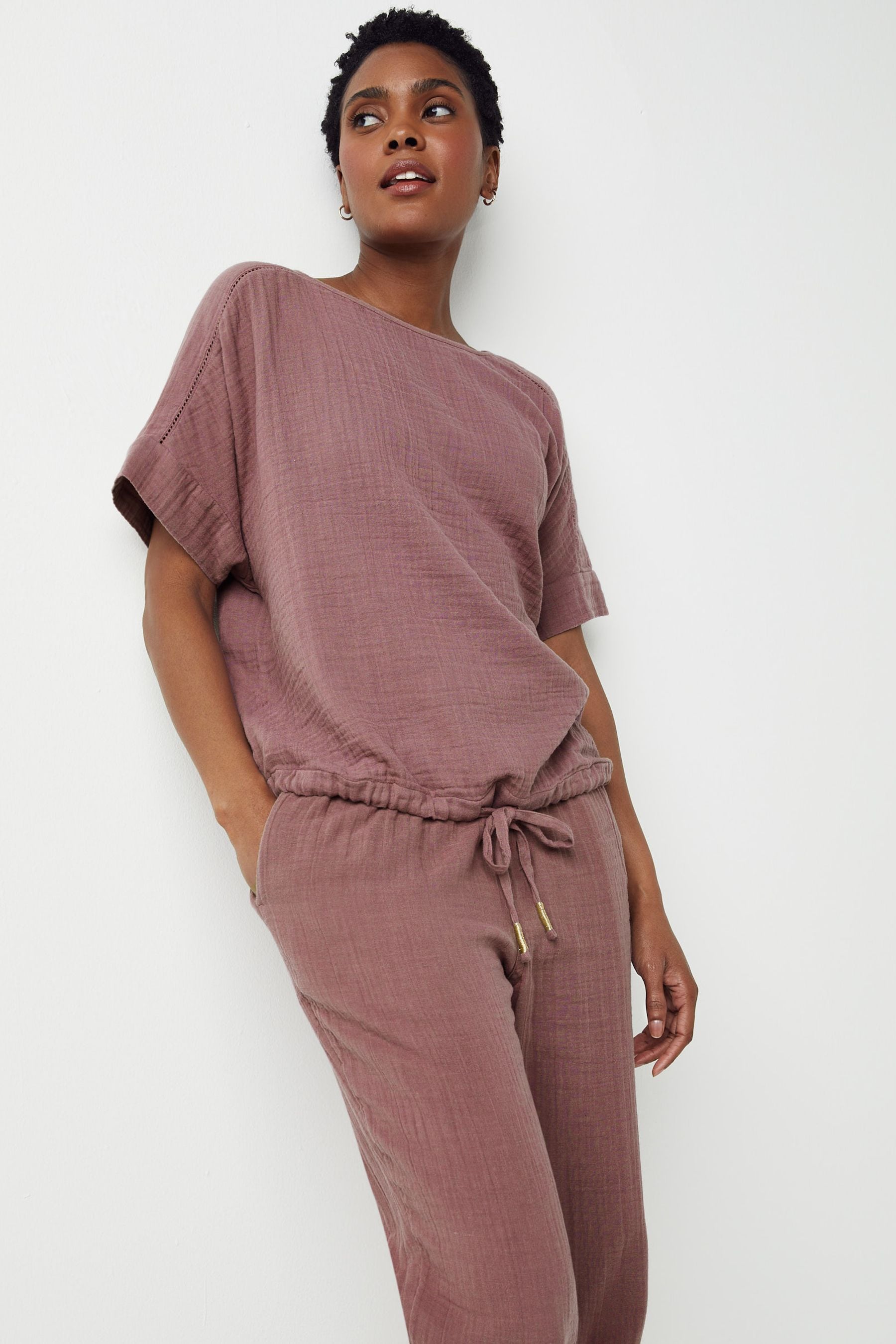 Buy Berry Purple Cotton Crinkle Bubble Hem Short Sleeve Top from Next Luxembourg