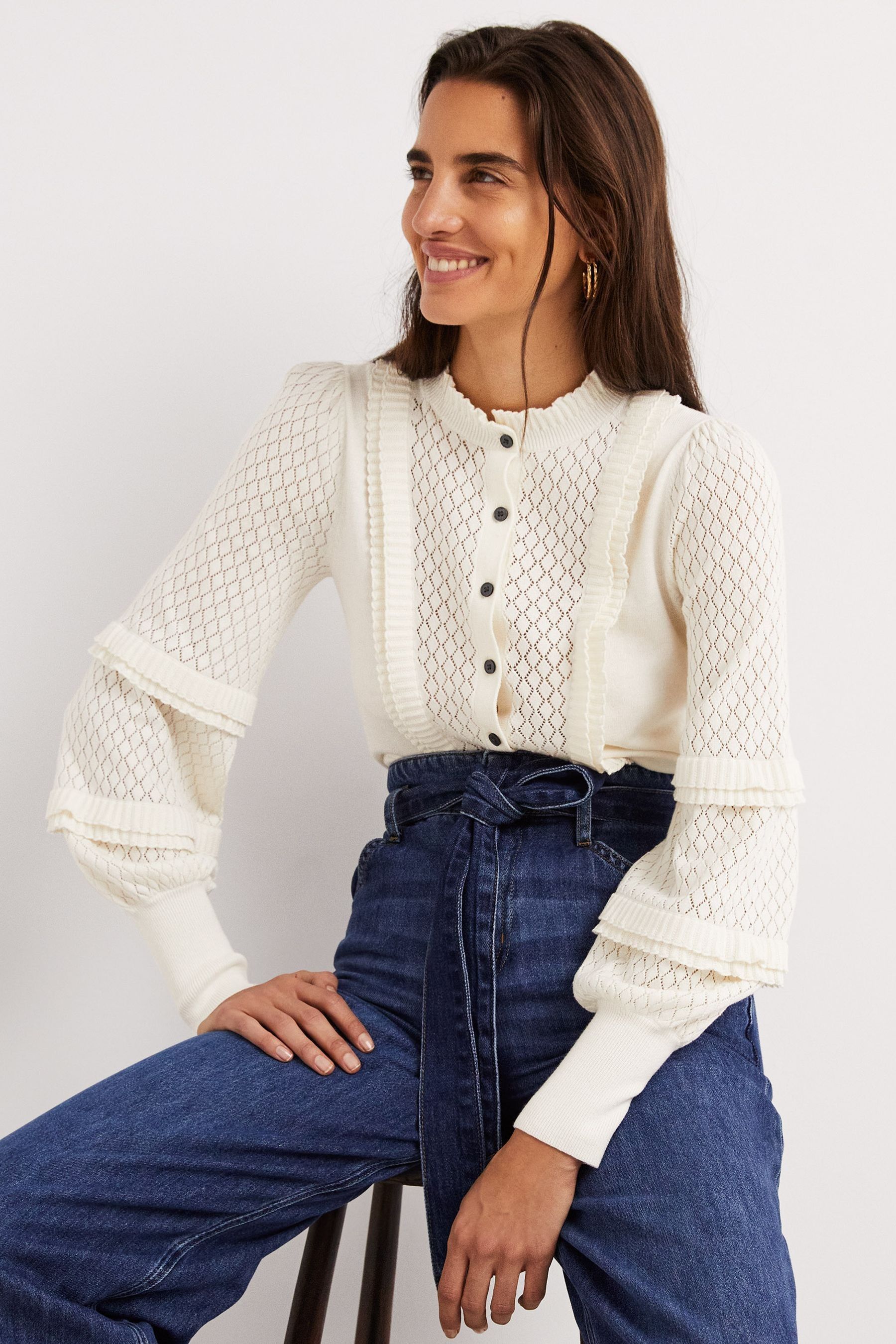Buy Boden White Pointelle Frill Cardigan from Next Latvia