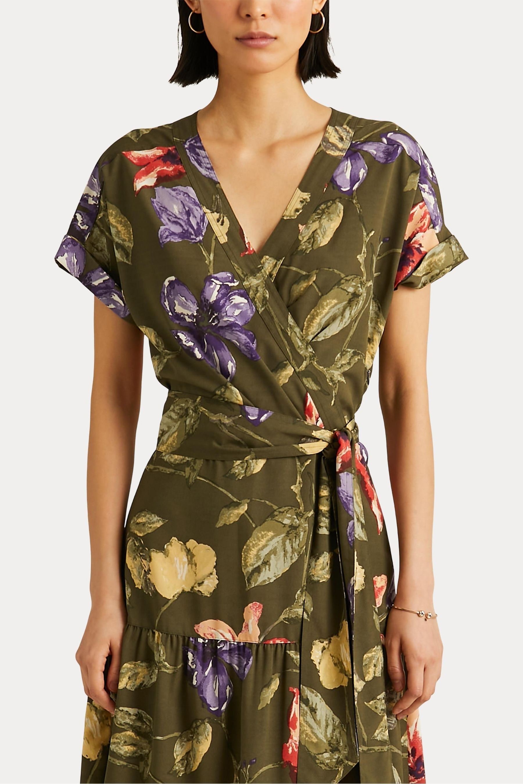 Lauren Ralph Lauren Khaki Green Floral Druniper Wrap Maxi Dress