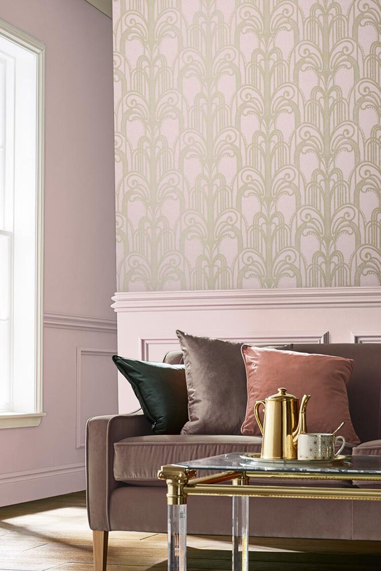 Graham & Brown Blush Pink Art Deco Wallpaper Sample - Image 1 of 3