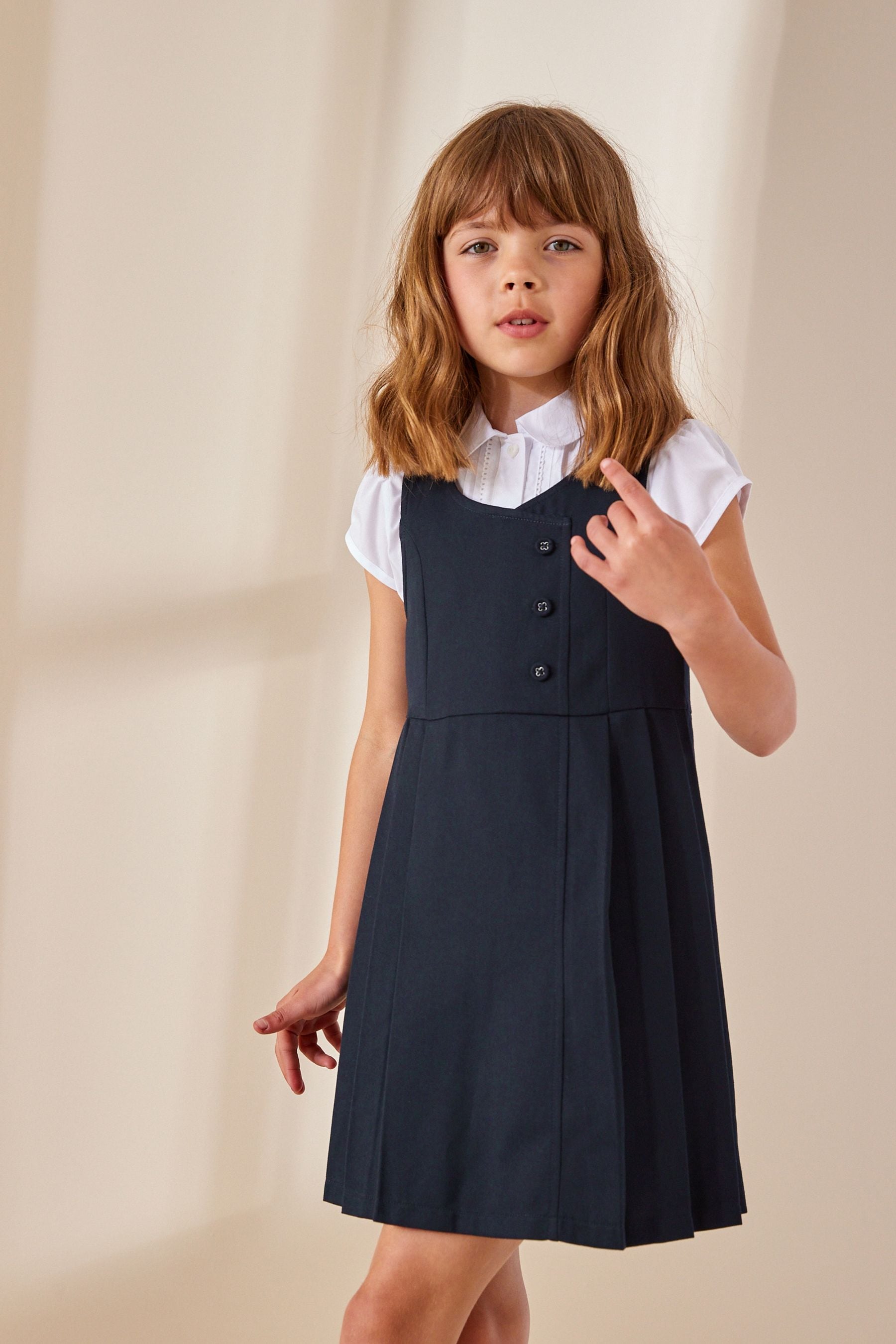 Navy Blue Asymmetric Button Front Pinafore School Dress 3 14yrs