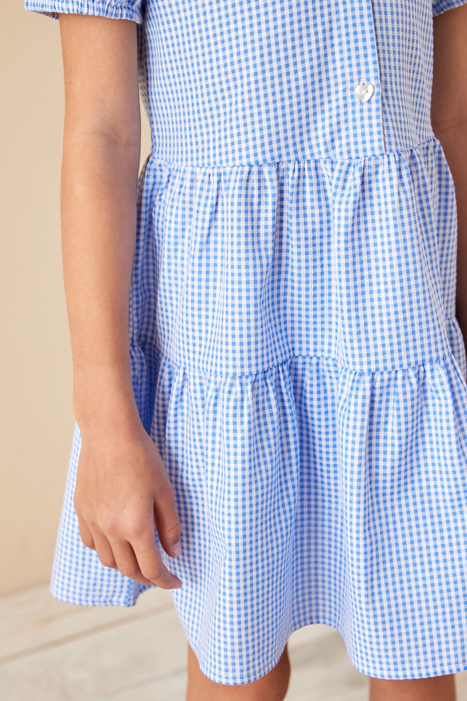 Next Blue Cotton Rich School Gingham Tiered Dress