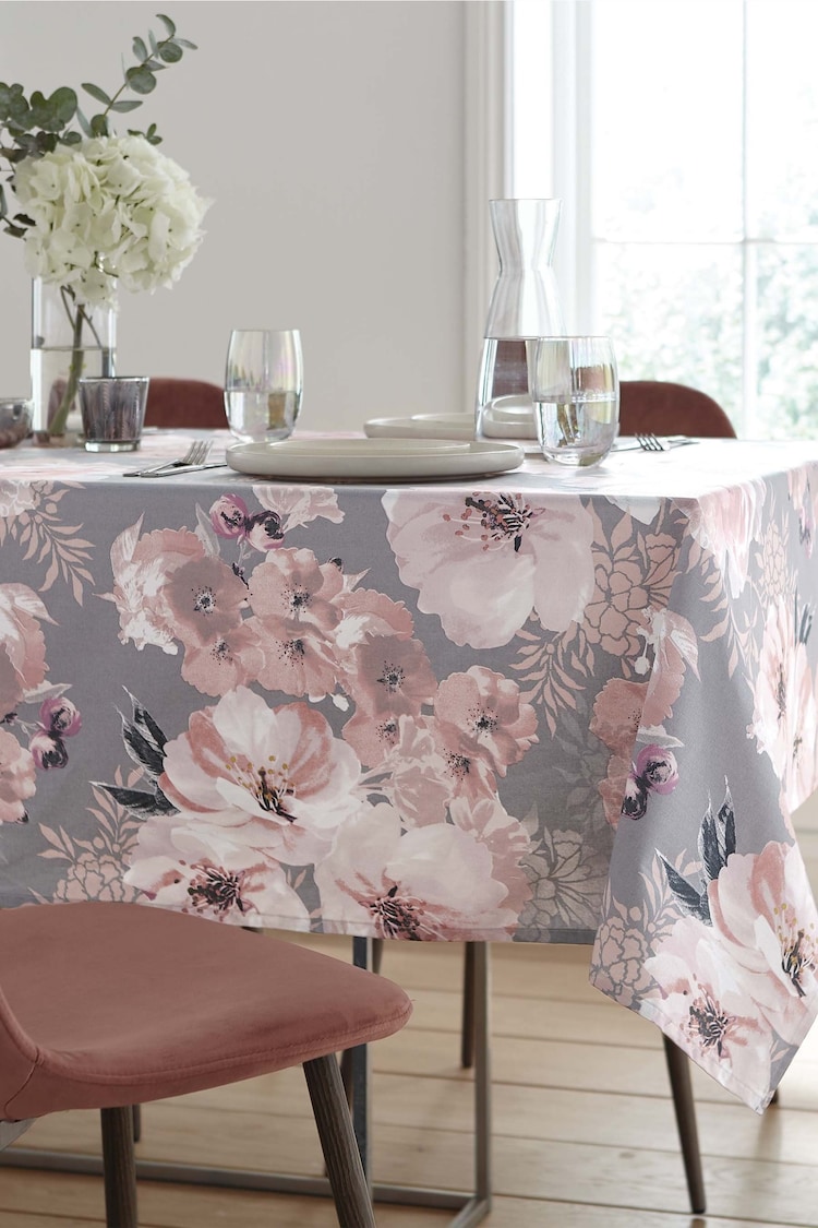 Catherine Lansfield Grey Dramatic Floral Print 100% Cotton Table Cloth - Image 1 of 2