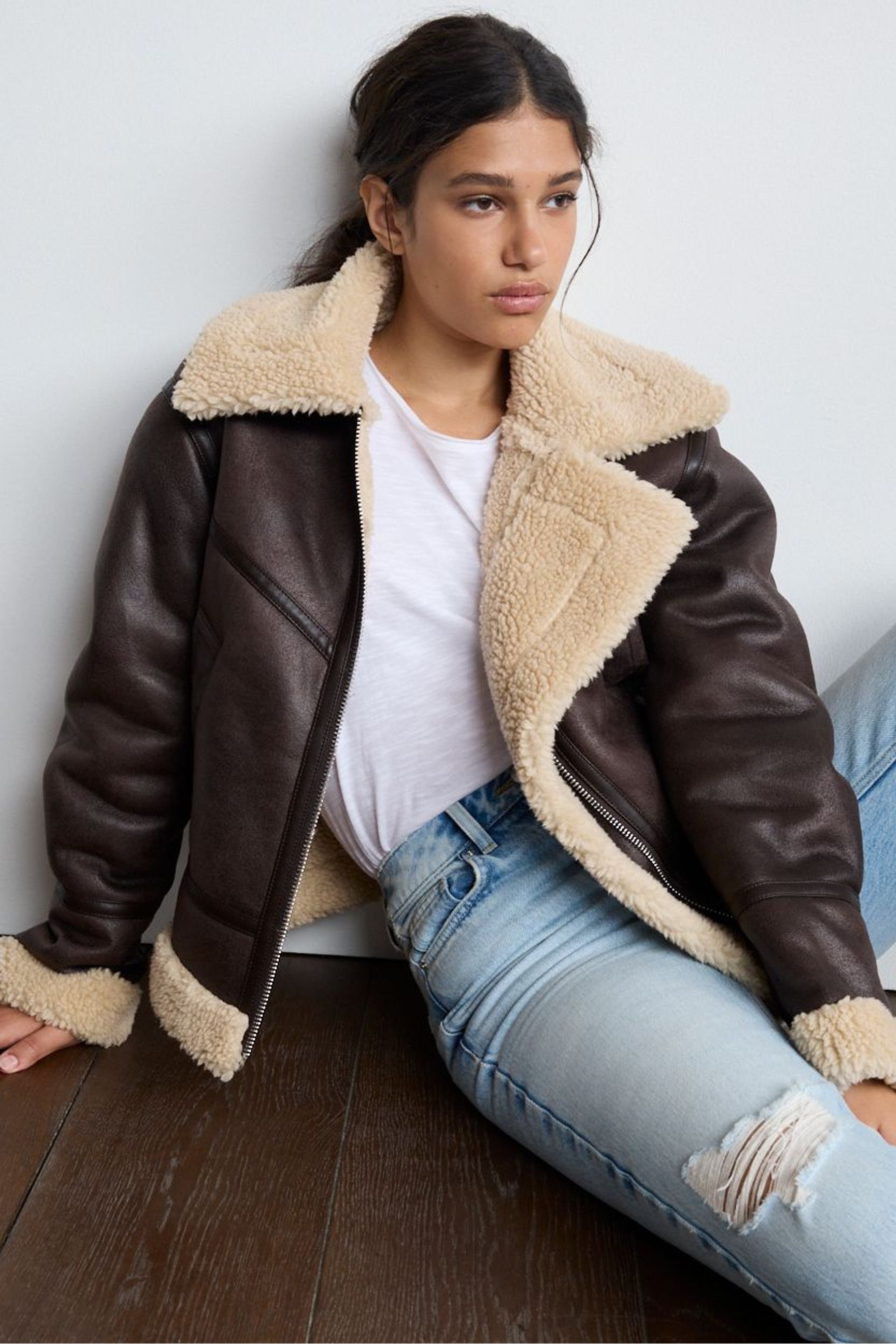 Buy Brown Next Faux Leather Aviator Coat With Teddy Borg Lining from Next Ireland