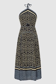 Reiss Navy/Yellow Alexandria Petite Printed Cut-Out Midi Dress - Image 2 of 7