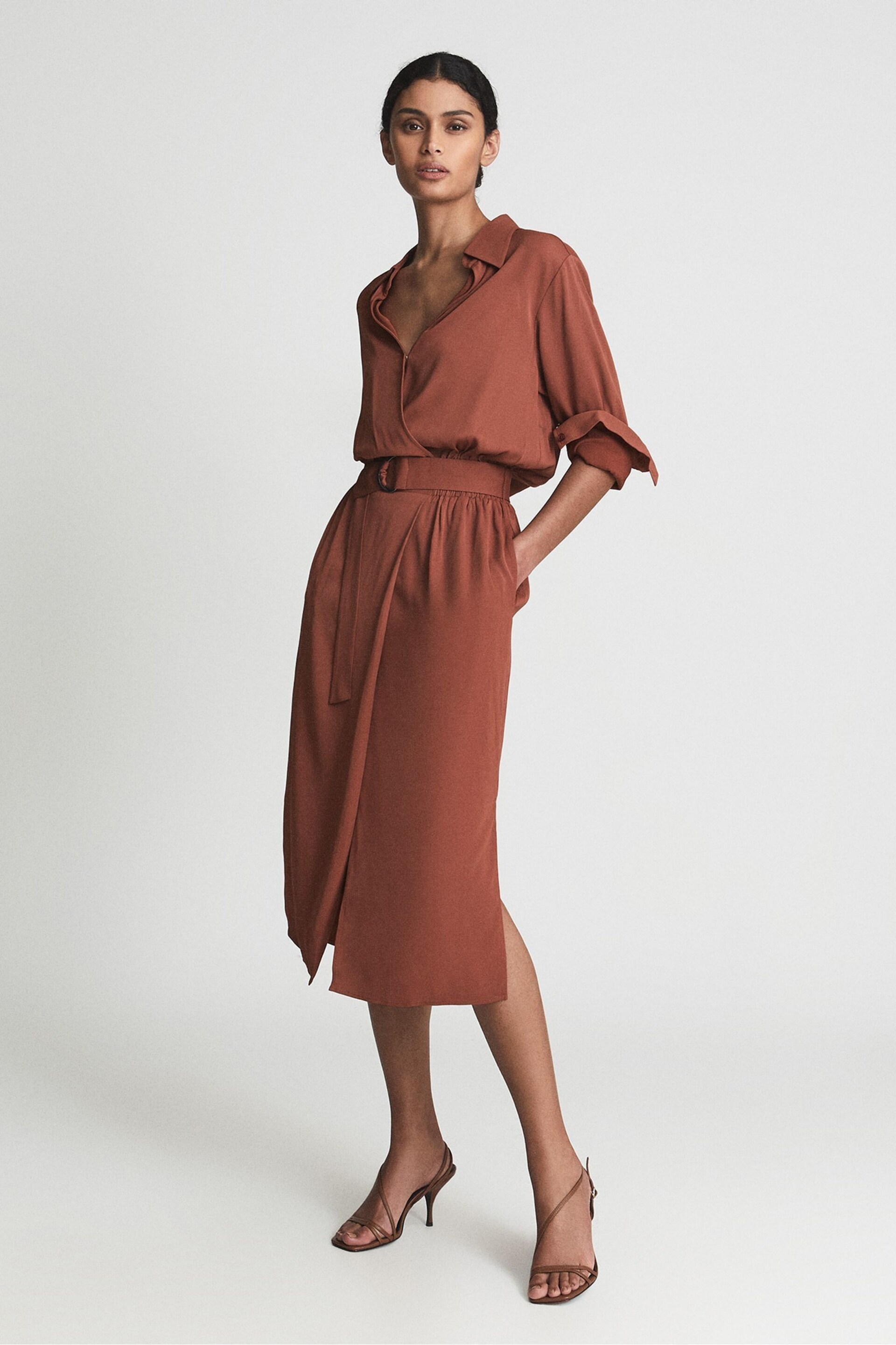 Reiss Rust Emilie Regular Belted Midi Dress - Image 3 of 6