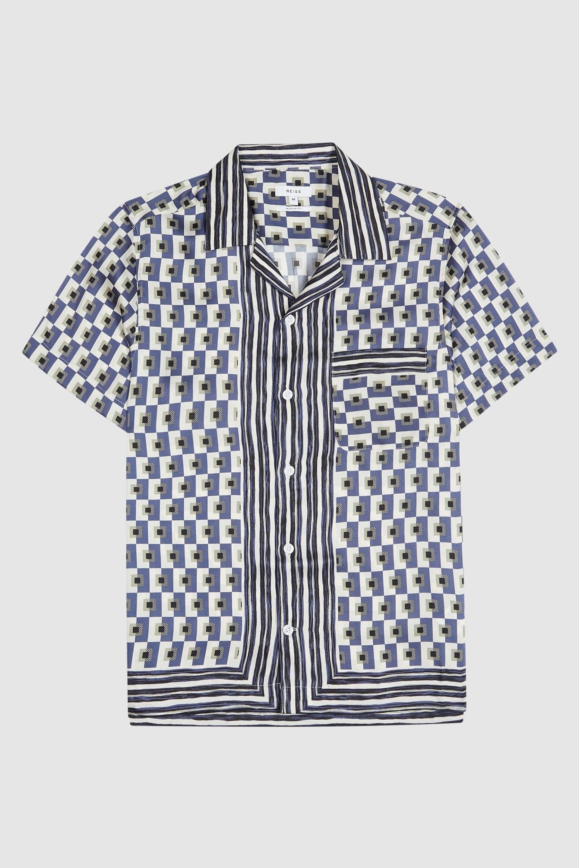 Reiss Blue/White Lavern Geo Print Cuban Collar Shirt - Image 2 of 6