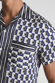 Reiss Blue/White Lavern Geo Print Cuban Collar Shirt - Image 4 of 6