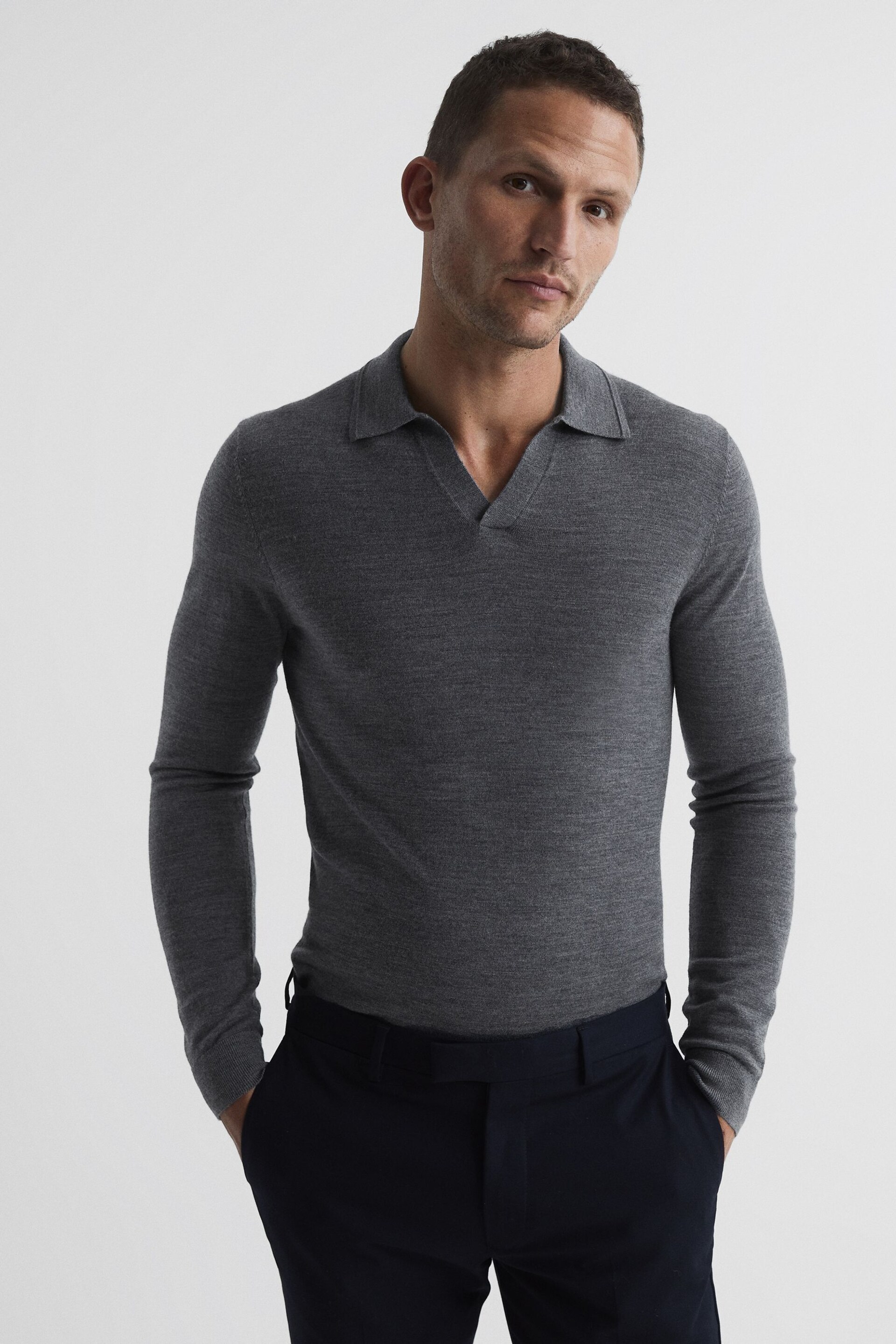 Reiss Mid Grey Melange Milburn Merino Wool Open Collar Polo Shirt - Image 1 of 7