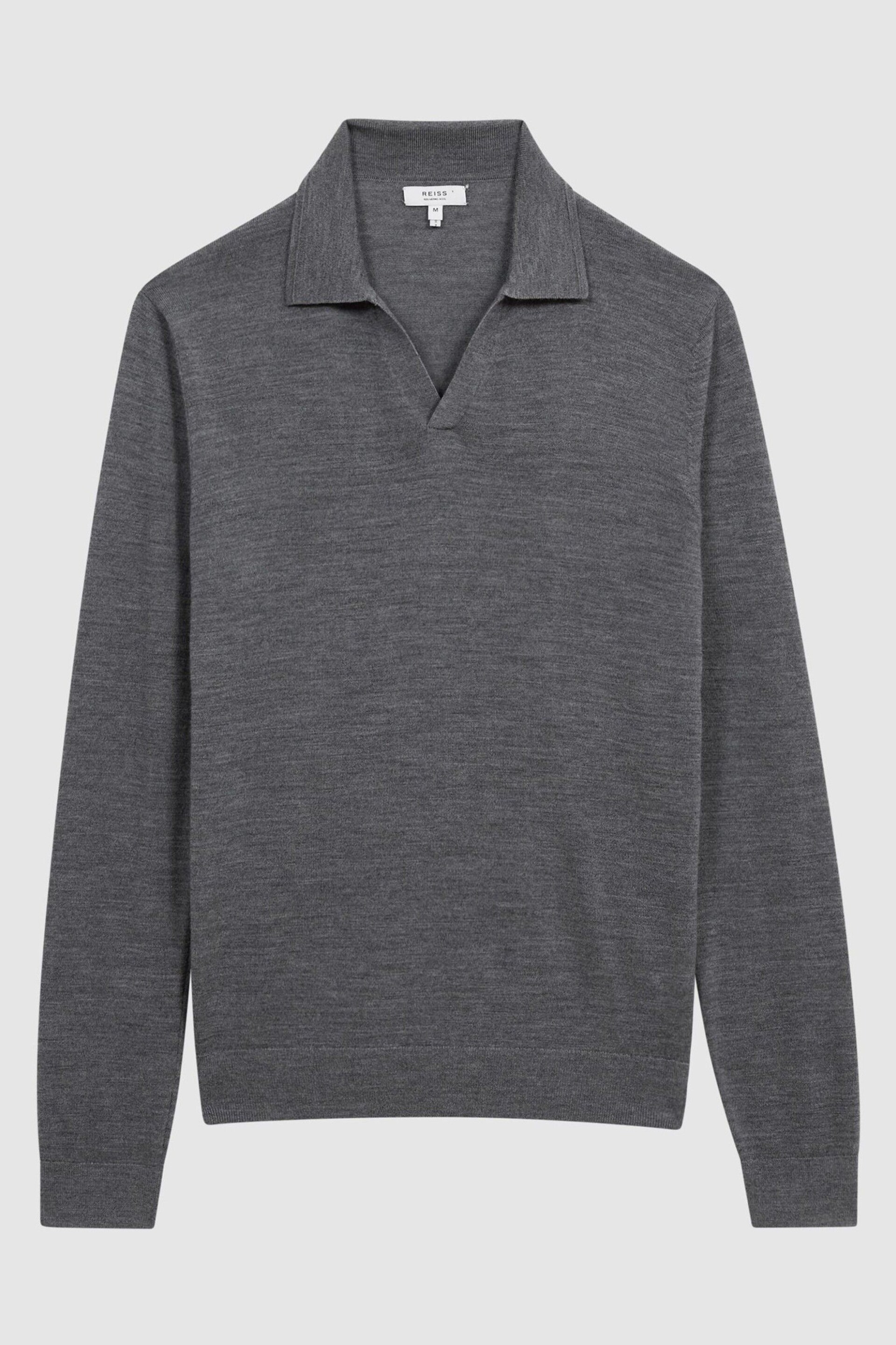 Reiss Mid Grey Melange Milburn Merino Wool Open Collar Polo Shirt - Image 2 of 7