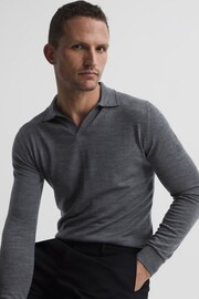 Reiss Mid Grey Melange Milburn Merino Wool Open Collar Polo Shirt - Image 6 of 7