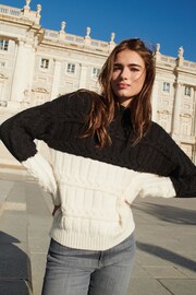 Black/White Colourblock Cable Detail High Neck Jumper - Image 1 of 8