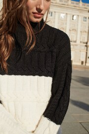 Black/White Colourblock Cable Detail High Neck Jumper - Image 4 of 8