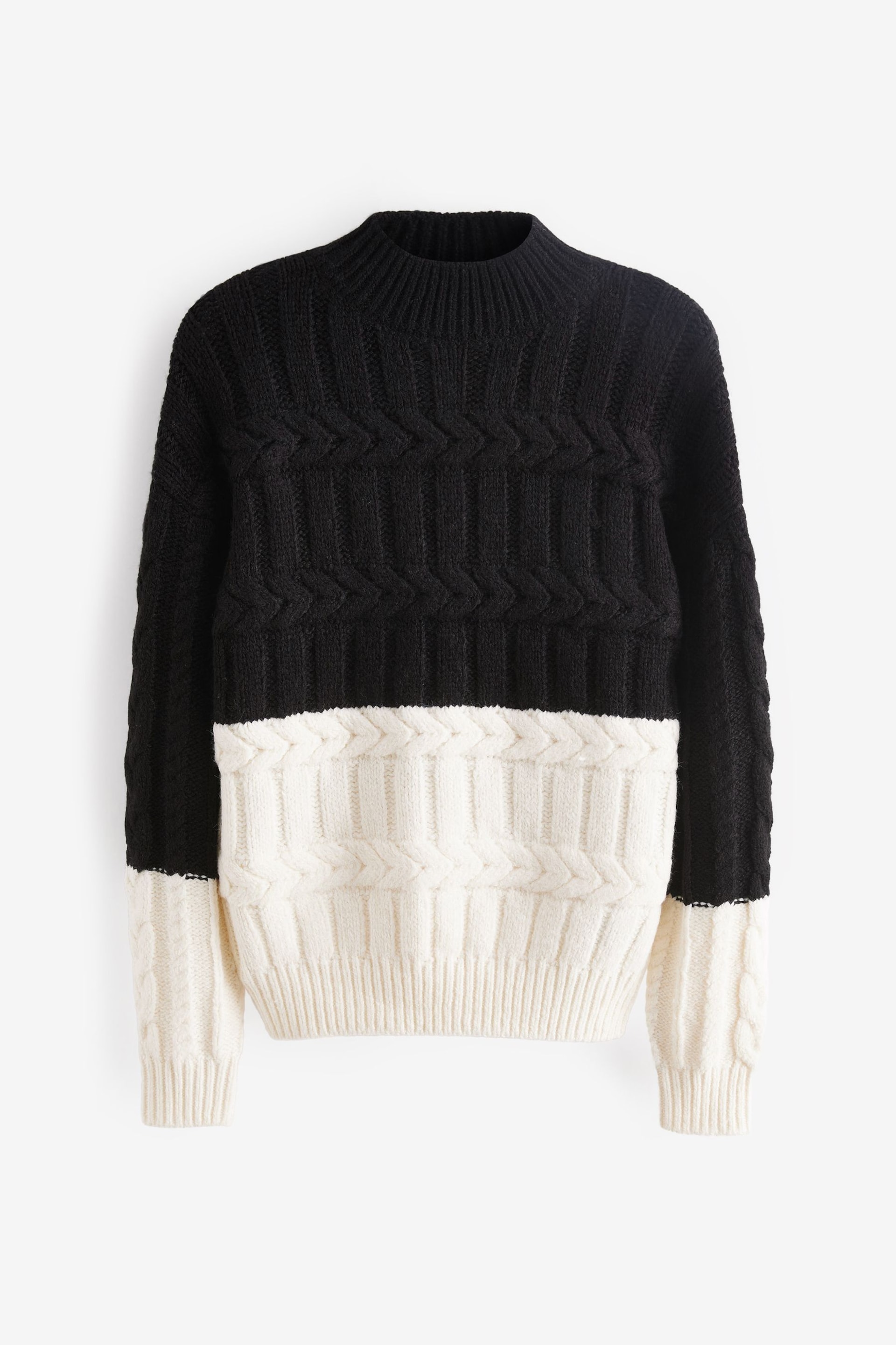 Black/White Colourblock Cable Detail High Neck Jumper - Image 5 of 8