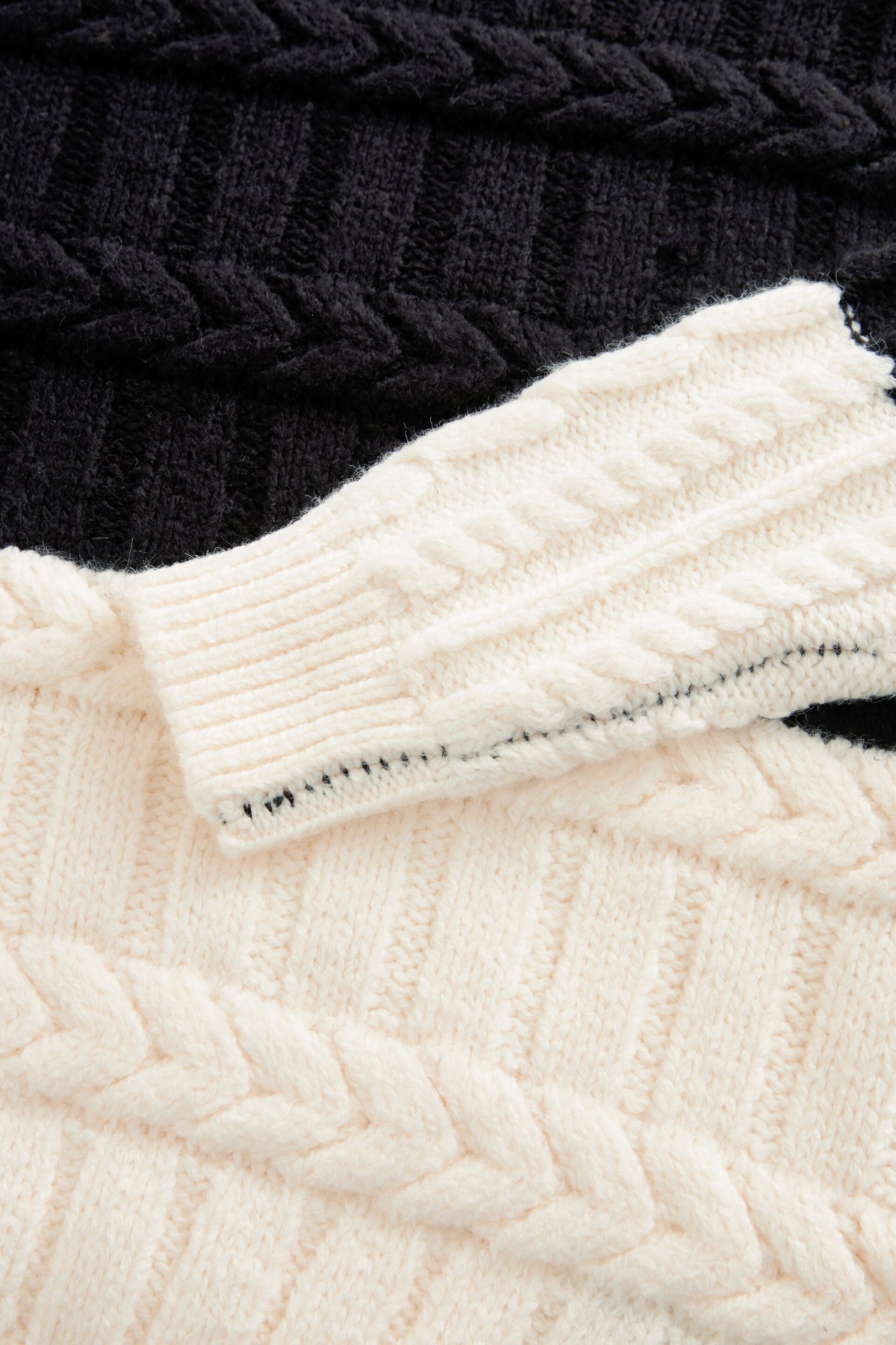 Black/White Colourblock Cable Detail High Neck Jumper - Image 7 of 8