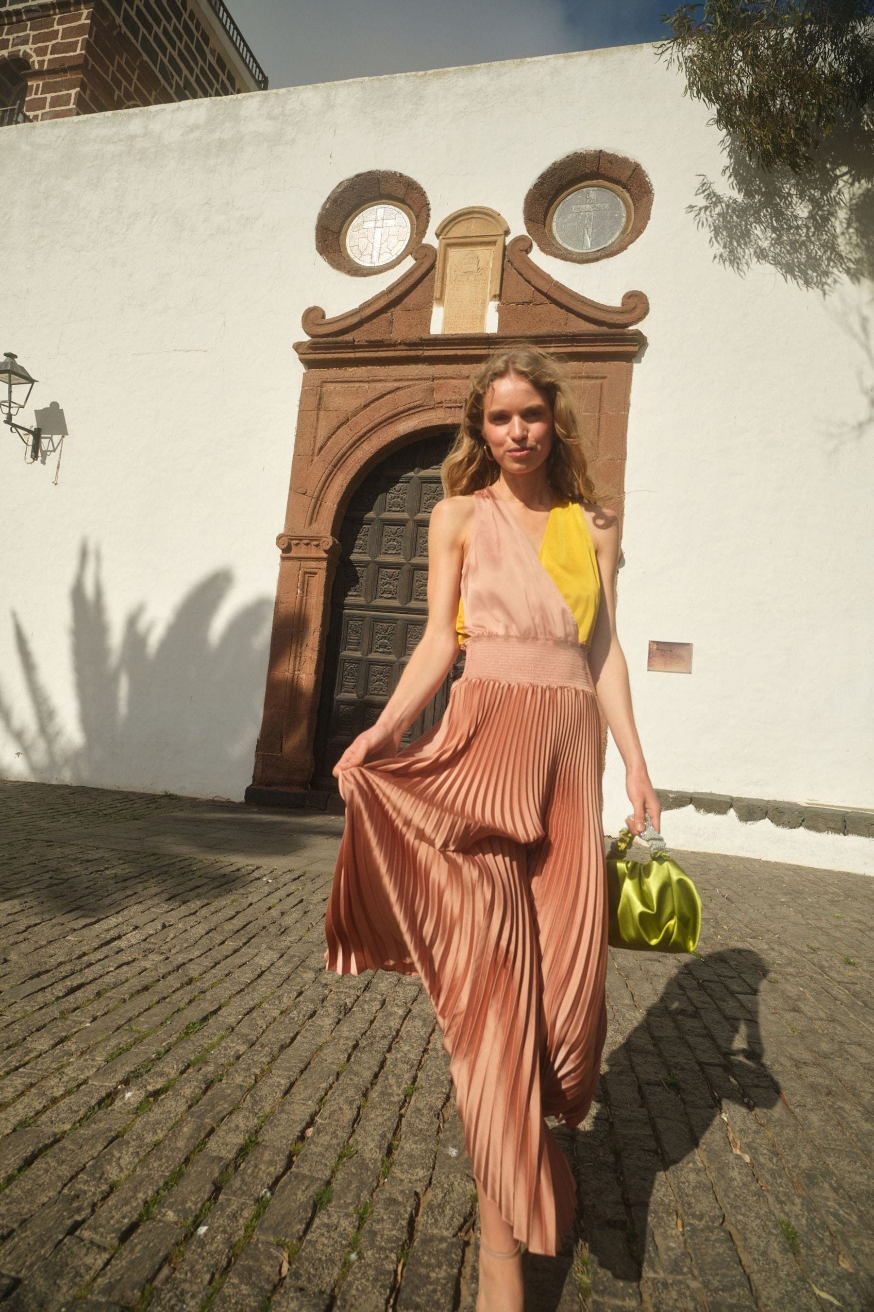 Buy Pink Yellow Satin Wrap Front Pleated Midi Dress from Next Slovenia