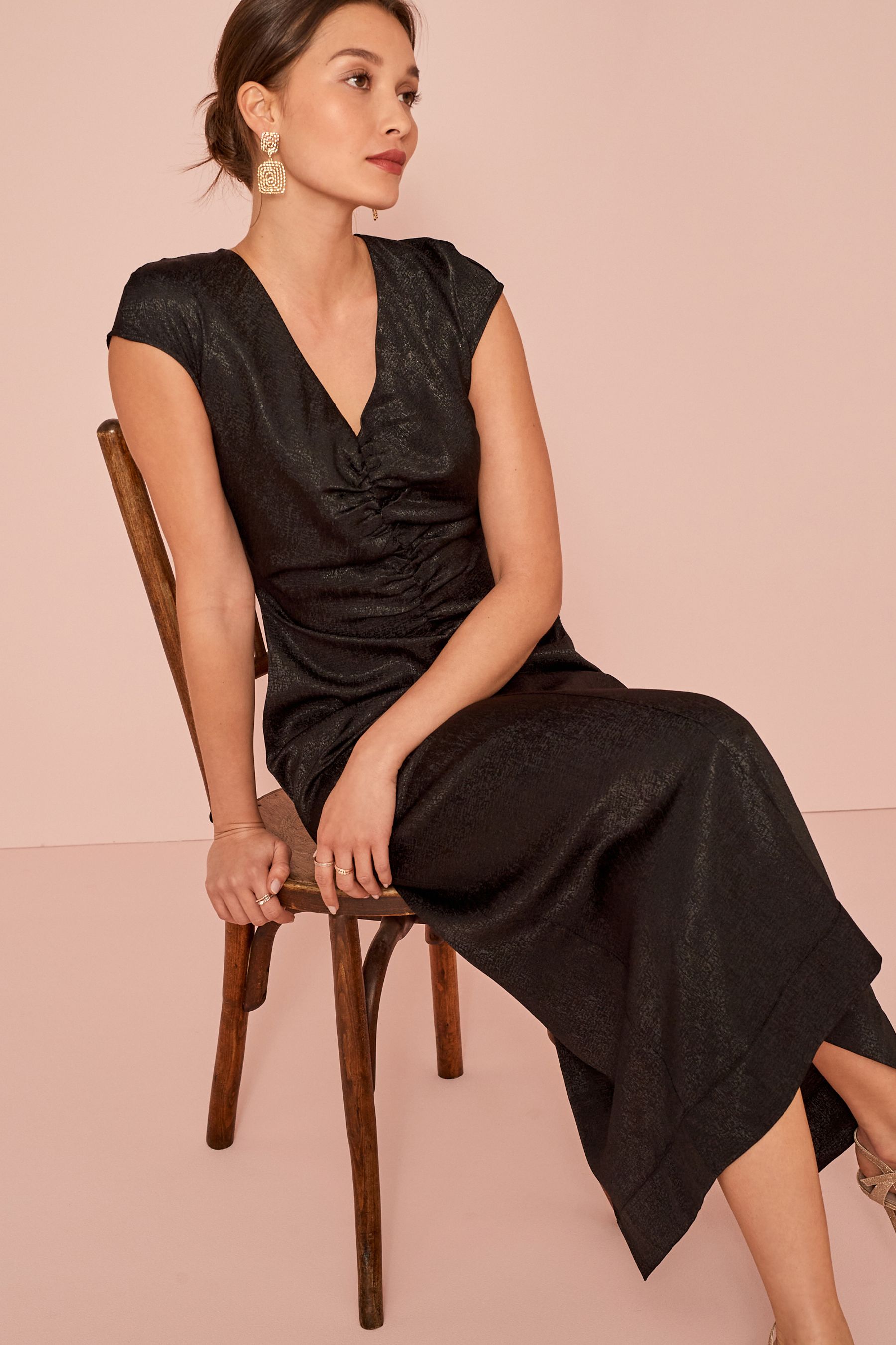 Buy Black Ruched Front Jacquard Midi Dress from Next Luxembourg