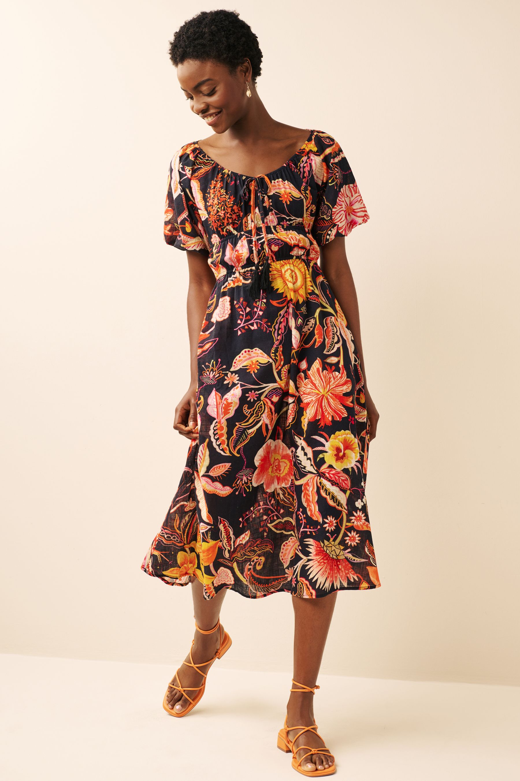 Buy Print Puff Sleeve Linen Midi Dress from Next Luxembourg
