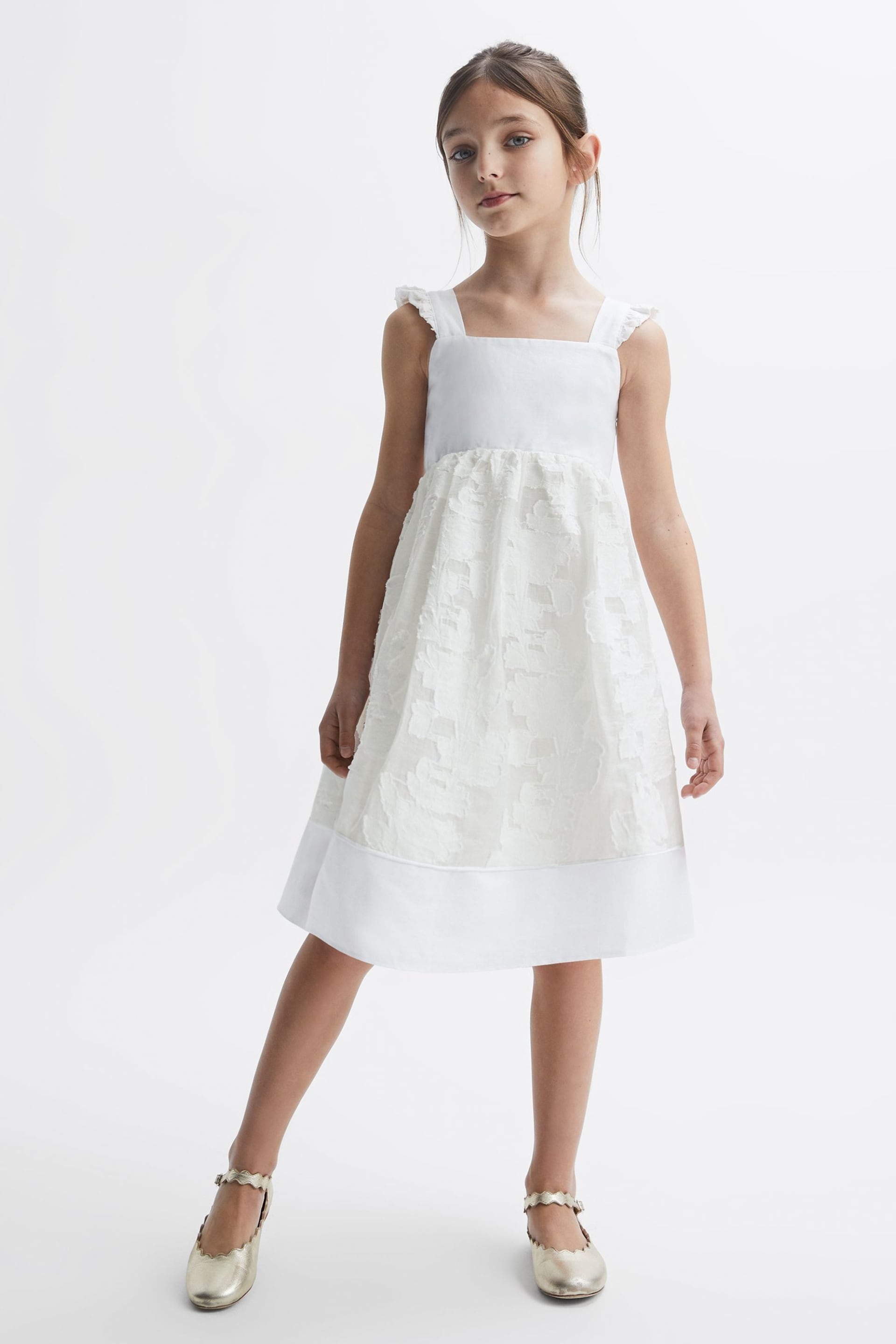 Reiss White Abby Senior Lace Detail Bow Back Dress - Image 1 of 6