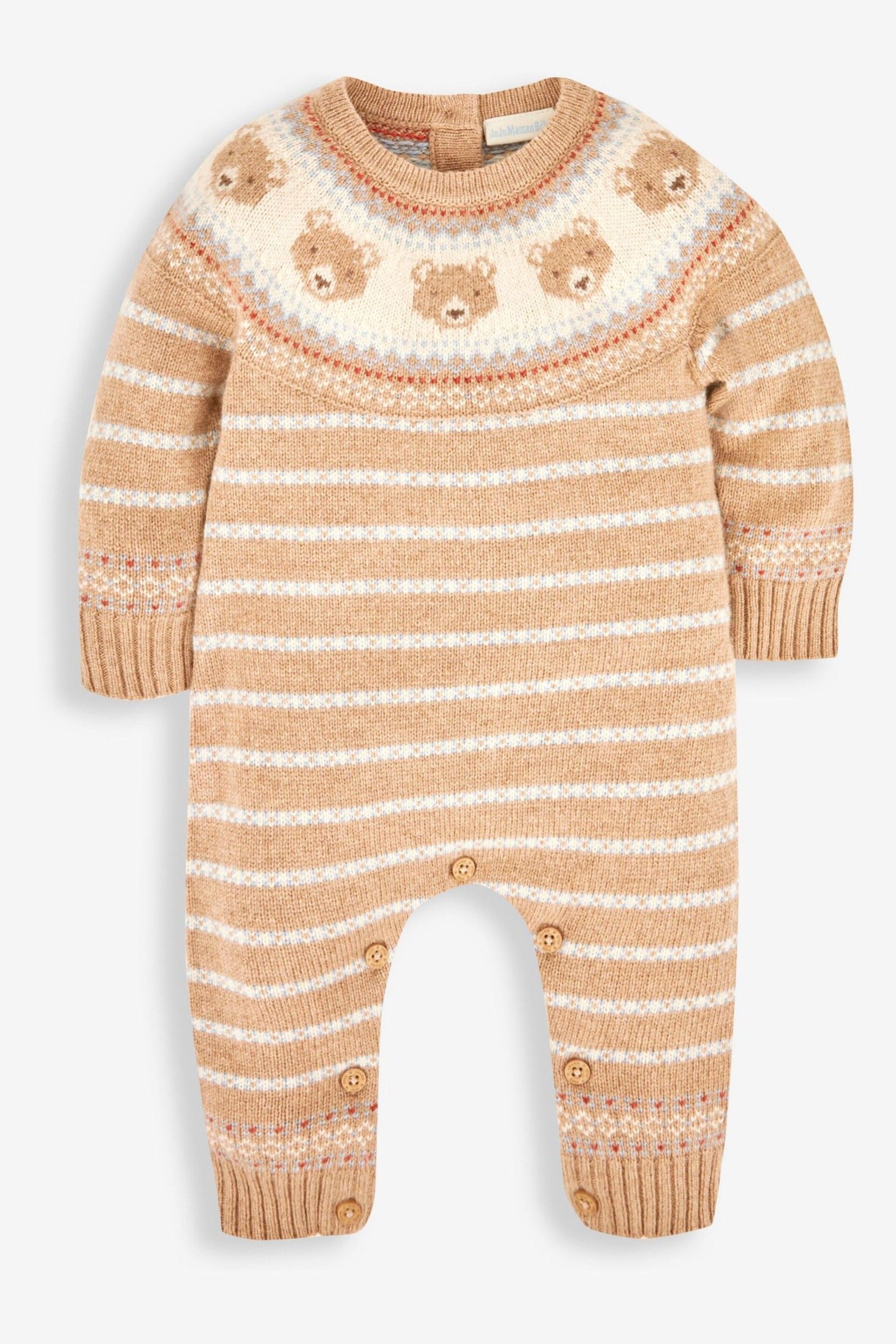 JoJo Maman Bébé Stone Bear Fair Isle Knitted Baby All-In-One - Image 1 of 3