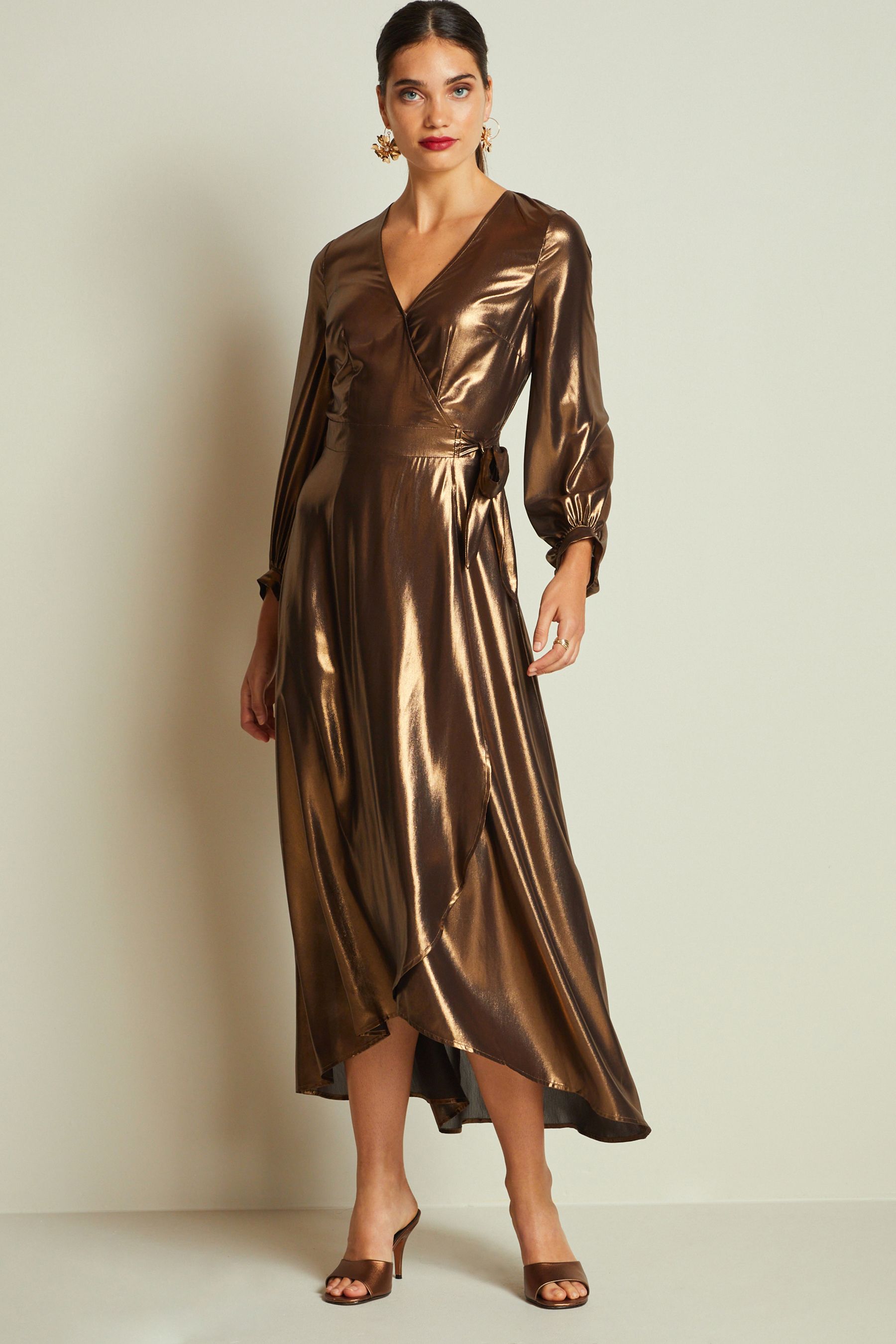Buy Bronze Metallic Wrap Front Midi Dress from Next Ireland