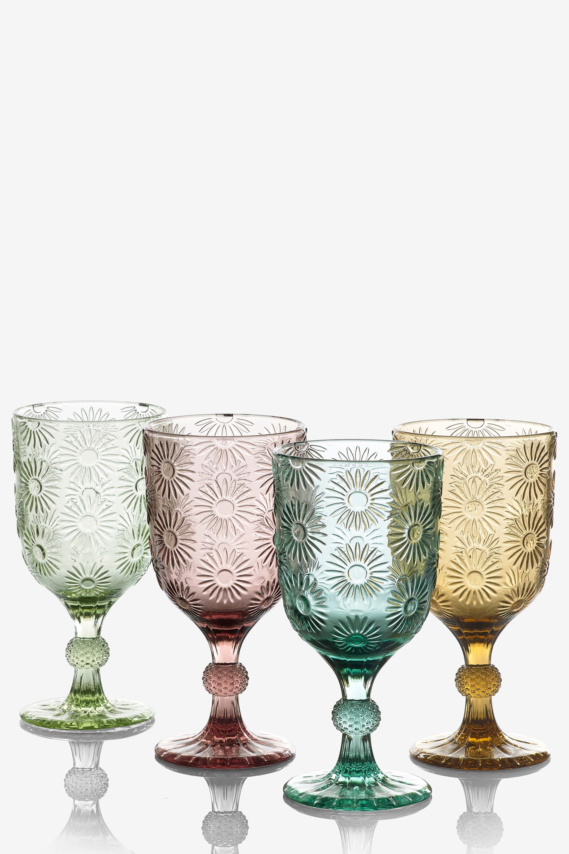 Multi Set of 4 Lisse Floral Pressed Wine Glasses - Image 4 of 4