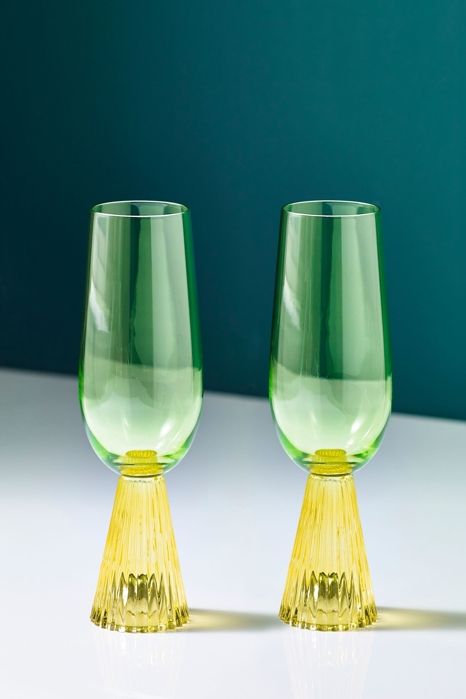 Set of 2 Green/Yellow Aubrie Bright Flute Glasses - Image 1 of 6