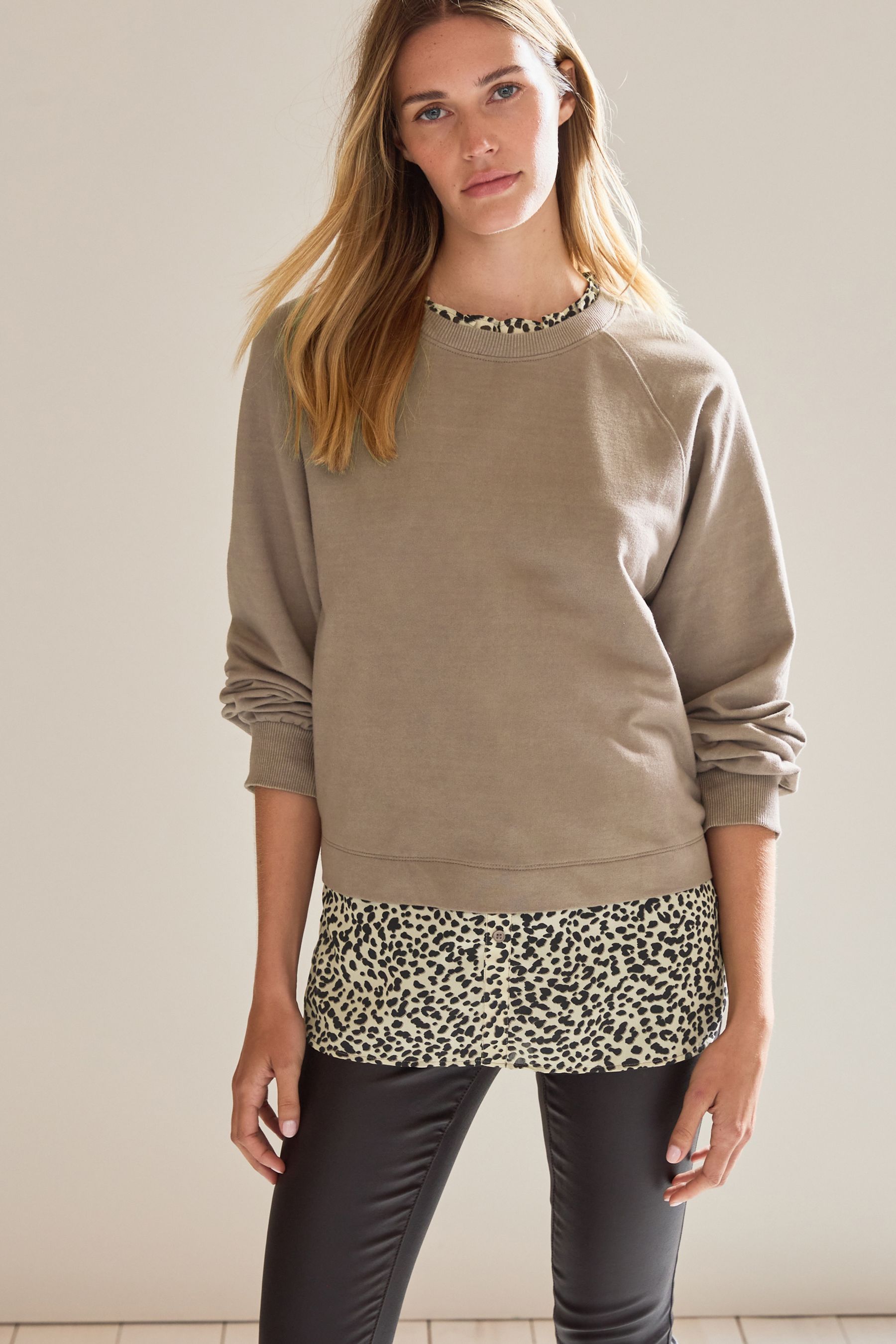 Neutral Long Sleeve Layered Sweatshirt with Woven Shirt