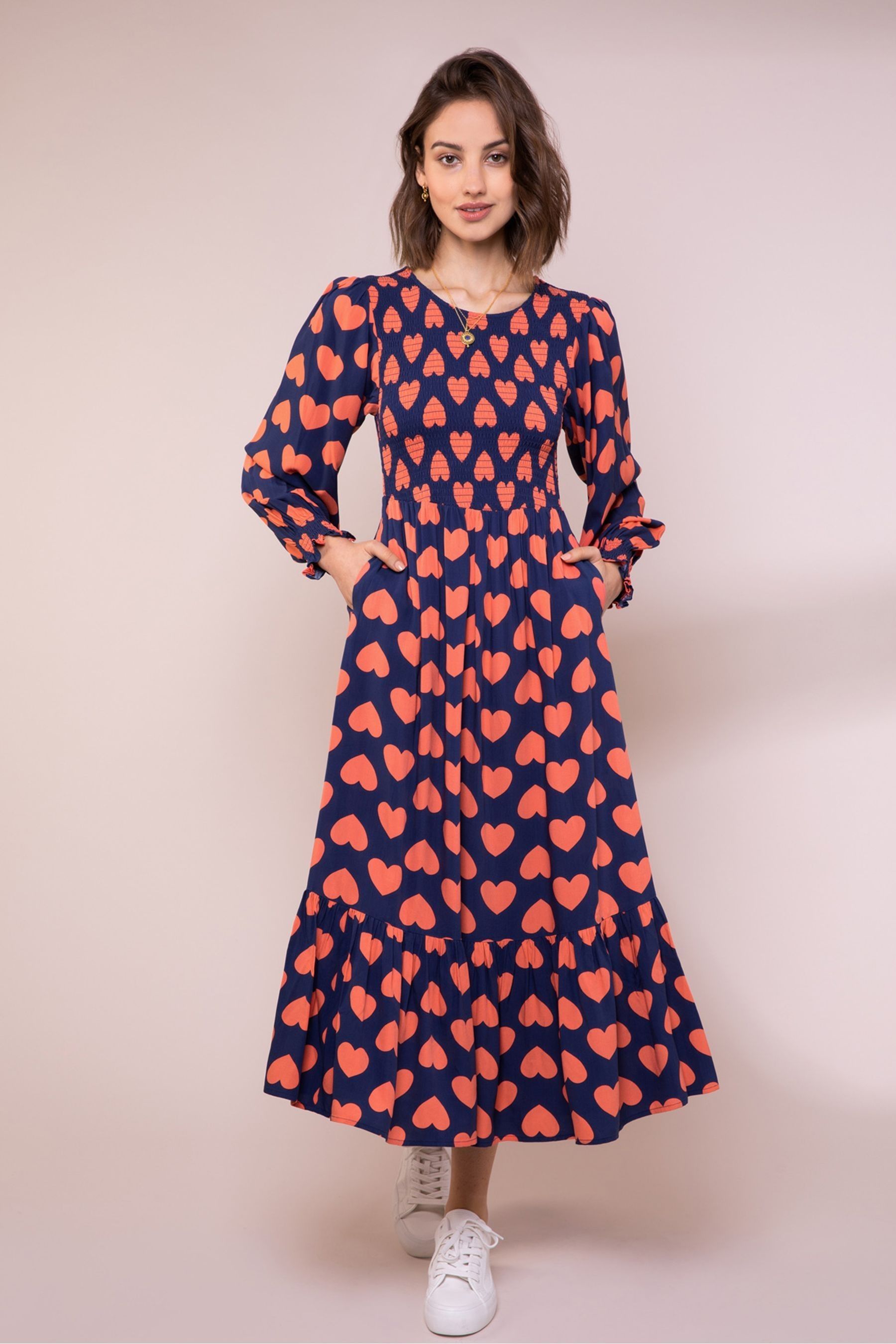 Buy Anorak Blue Graphic Heart Ecovero Shirred Midi Dress from Next Luxembourg