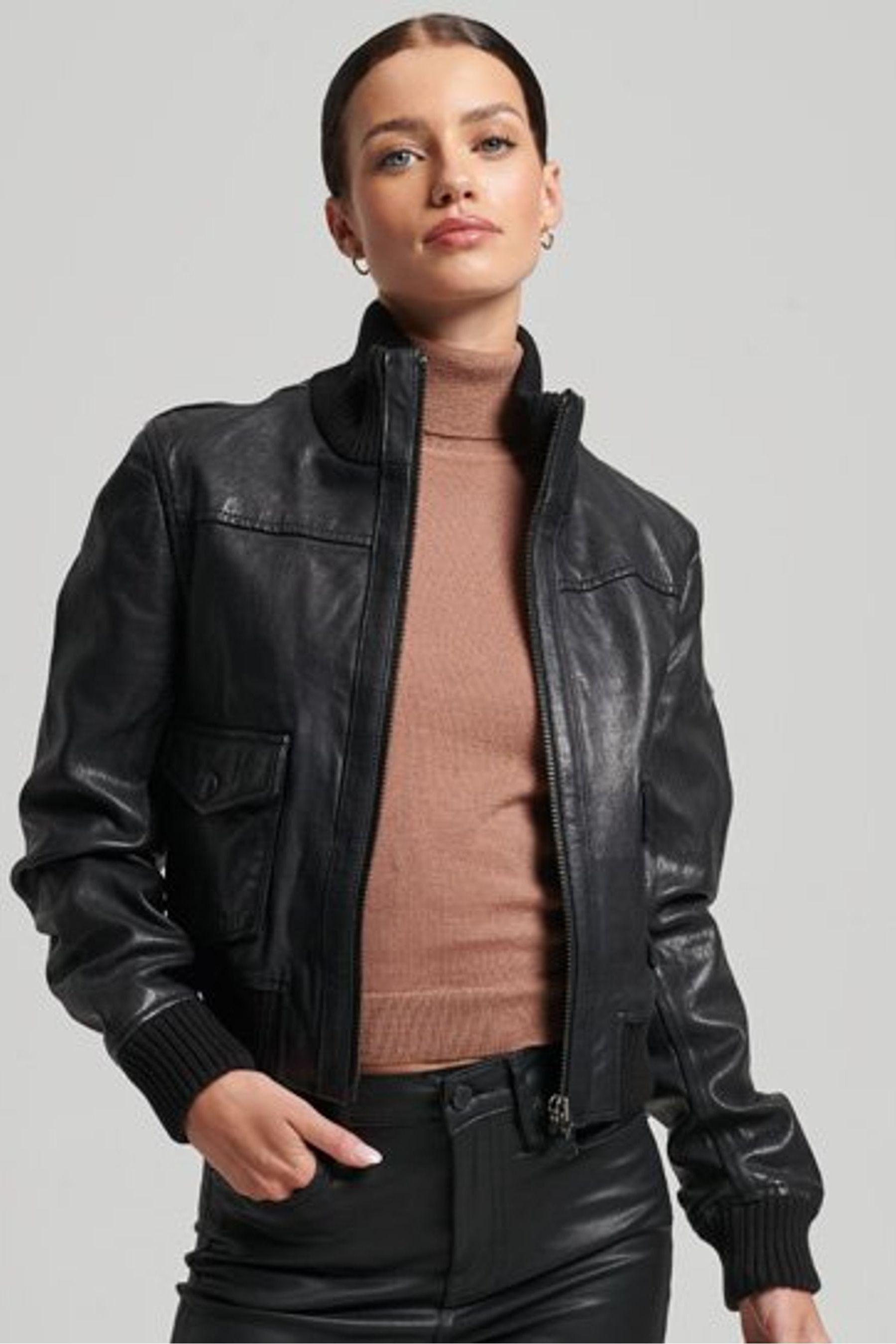 Buy Superdry Black Knit Collar Leather Bomber Jacket from Next Luxembourg