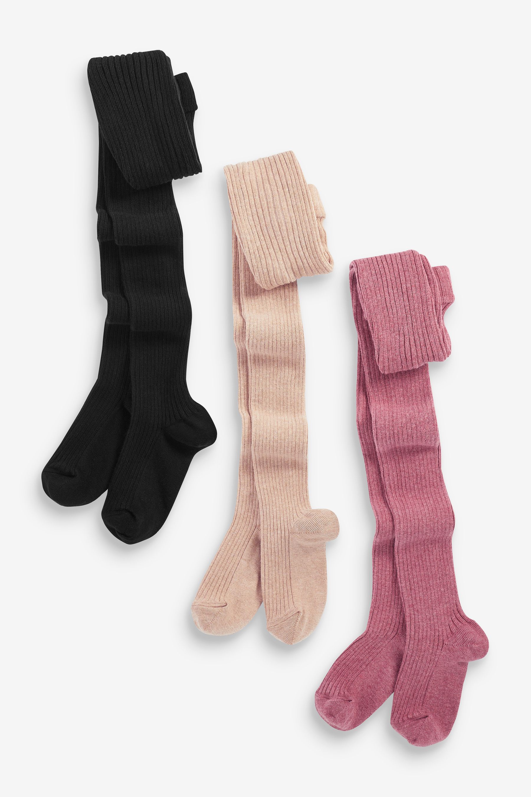 Pink Honey Cream Black Cotton Rich Rib Tights 3 Pack