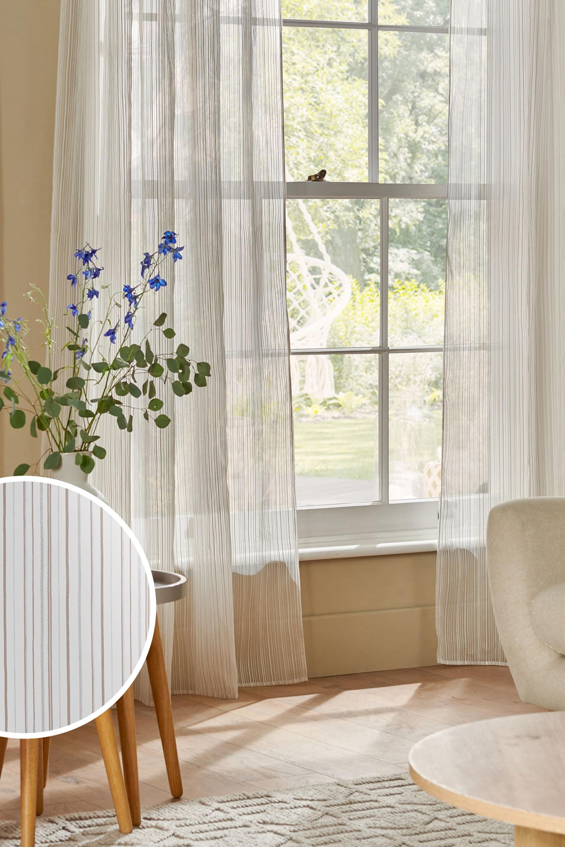 Natural Stripe Voile Slot Top Unlined Sheer Panel Curtain - Image 1 of 7